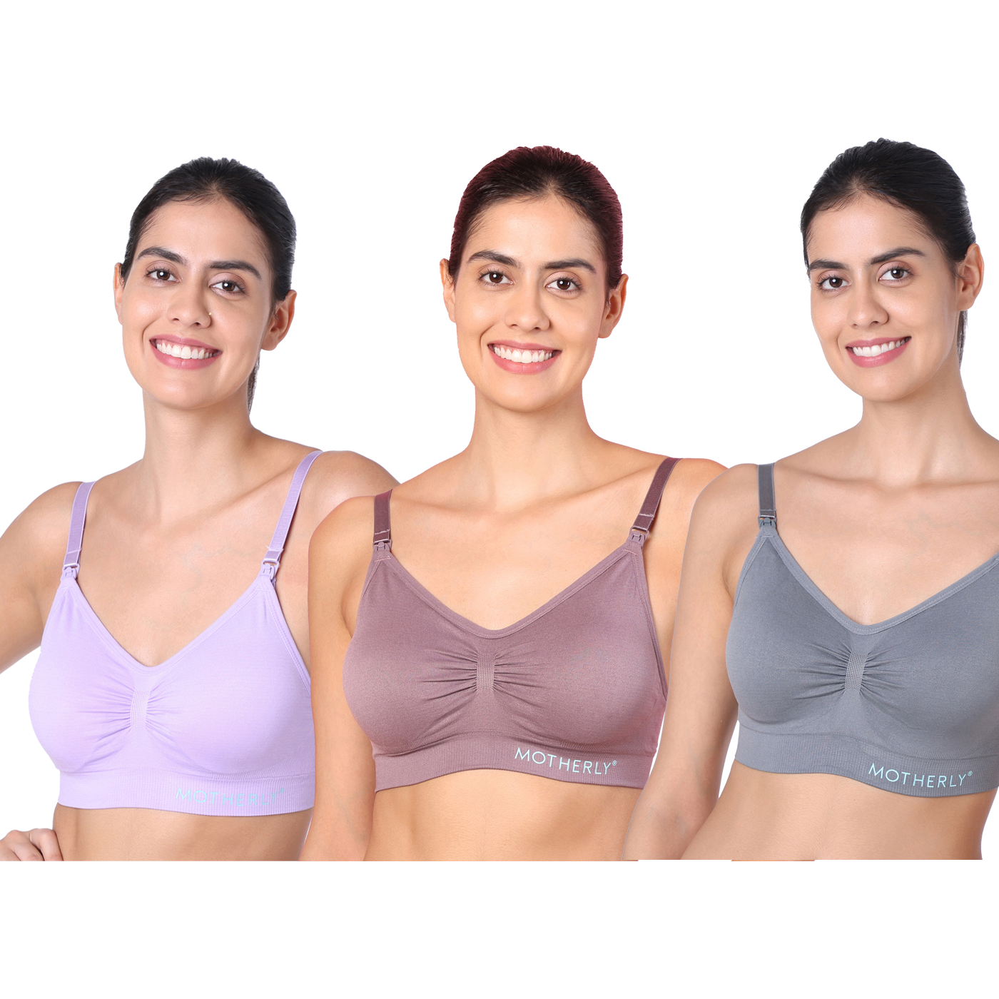 Motherly Padded Maternity Nursing Bra – Breastfeeding Bra with Removable Pads (Medium, Grey + Bean Paste + White, Pack of 3)