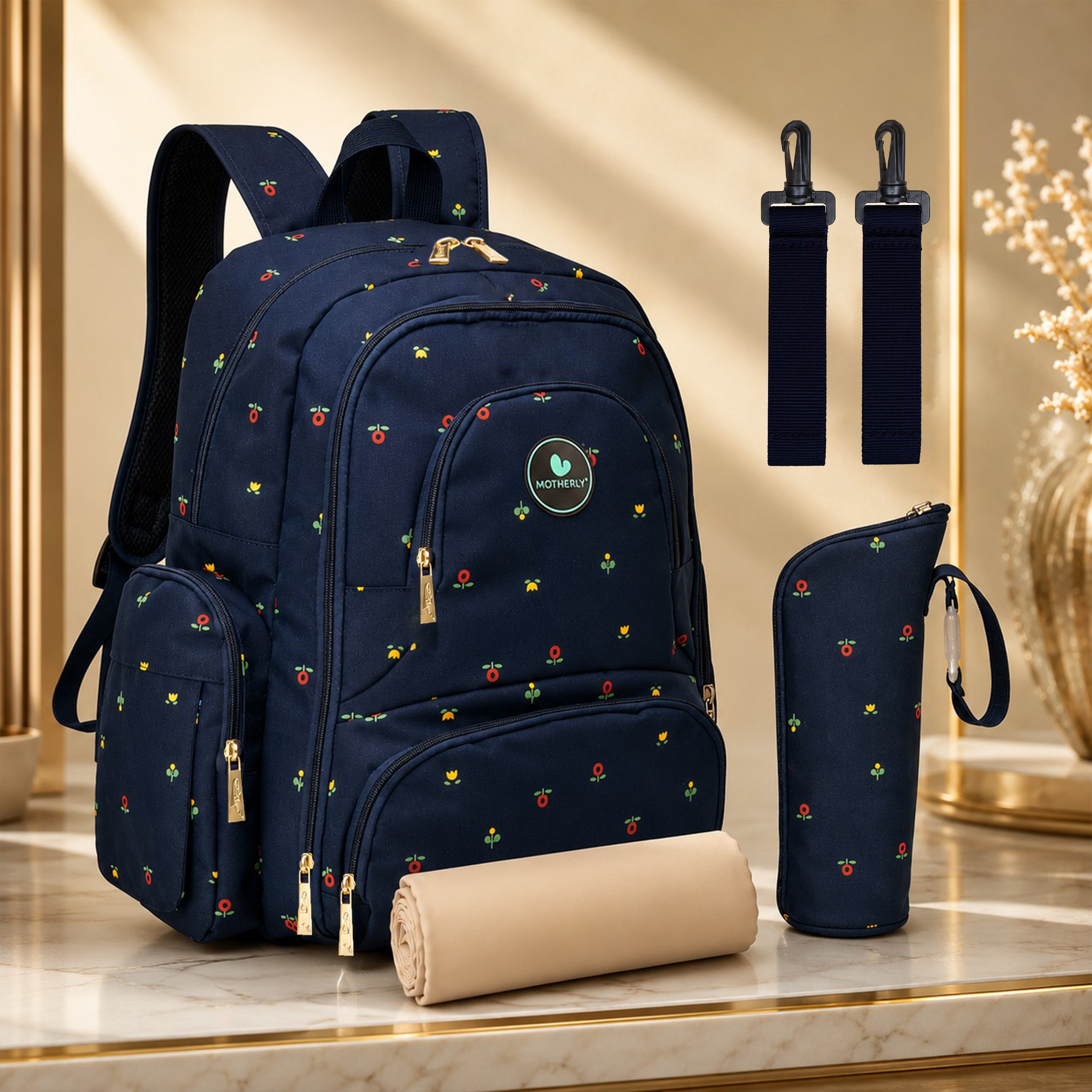Motherly Elite Diaper Bag for Moms – with Bottle Bag, Changing Mat & Stroller Hooks (Blue Flower)