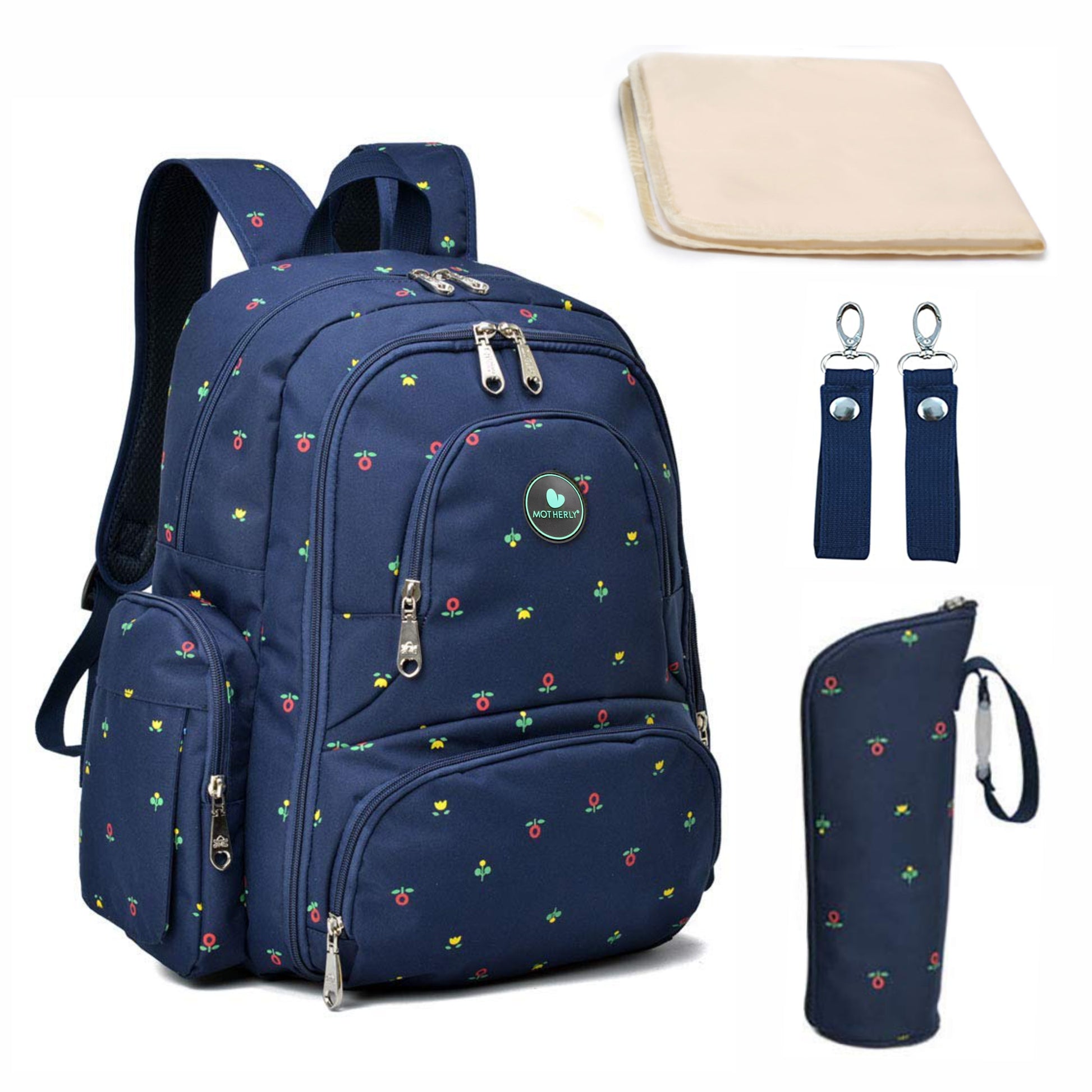 Motherly Stylish Babies Diaper Bags for Mothers with 1 Bottle Bag + 1 Diaper Changing Mat + 1 Set of Stroller Hooks (Blue Flower) - MOTHERLY