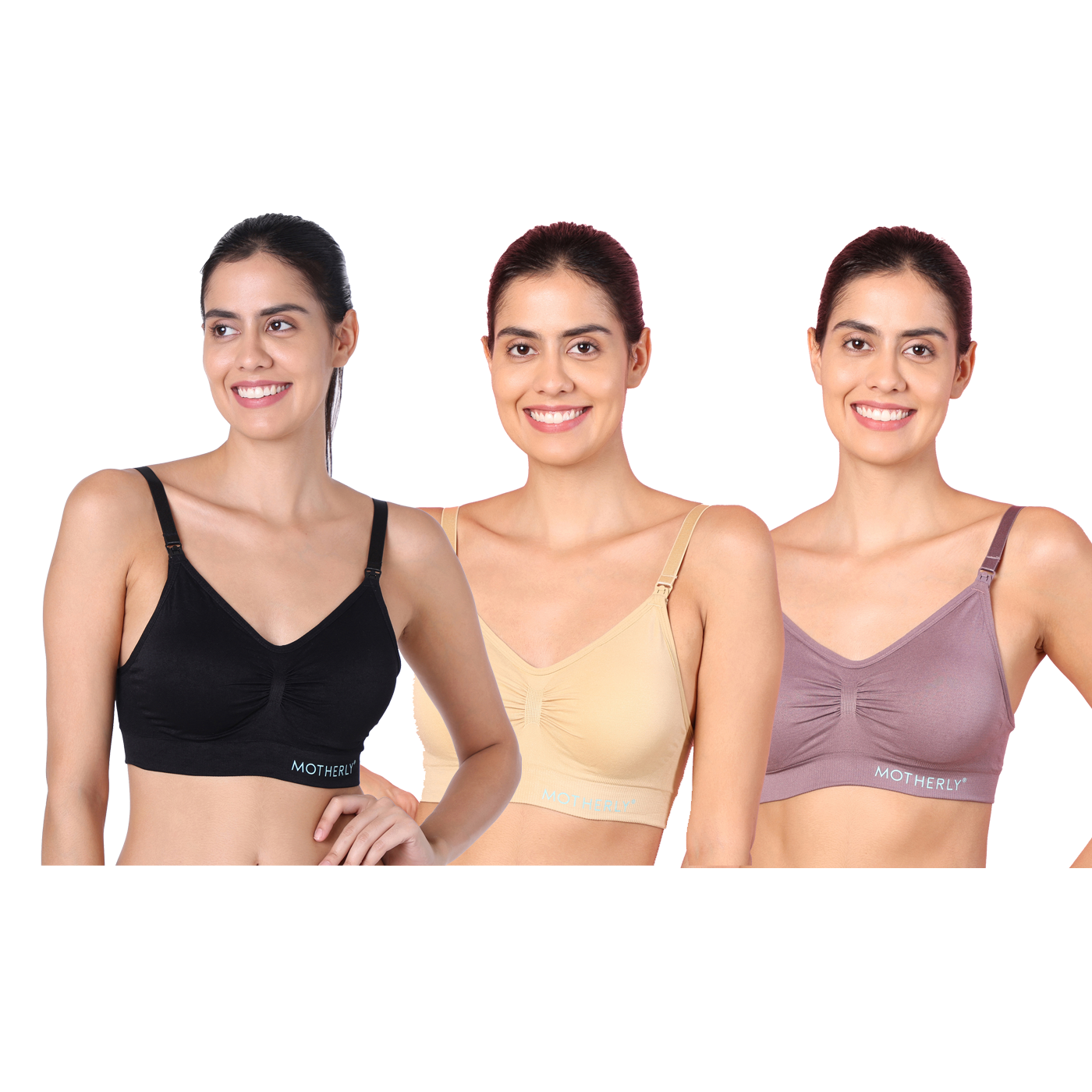 Motherly Padded Maternity Nursing Bra – Breastfeeding Bra with Removable Pads (Medium, Grey + Bean Paste + White, Pack of 3)