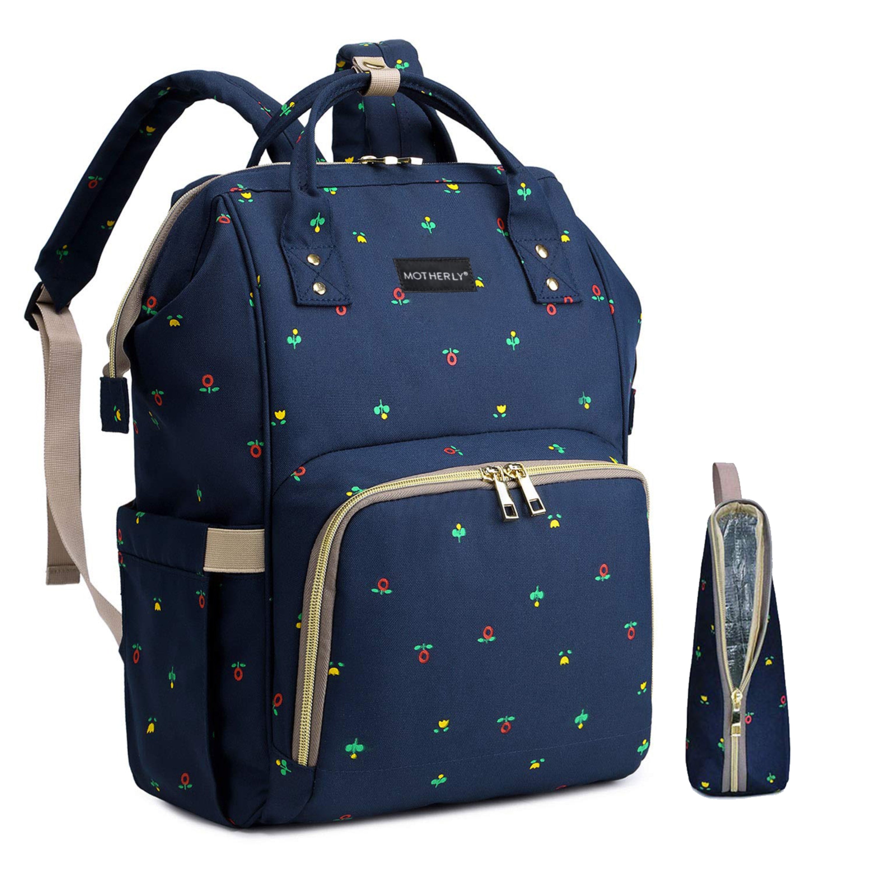 Motherly Diaper Bags for Mothers with 1 Bottle Bag + 1 Diaper Changing Mat (Blue Flower) - MOTHERLY