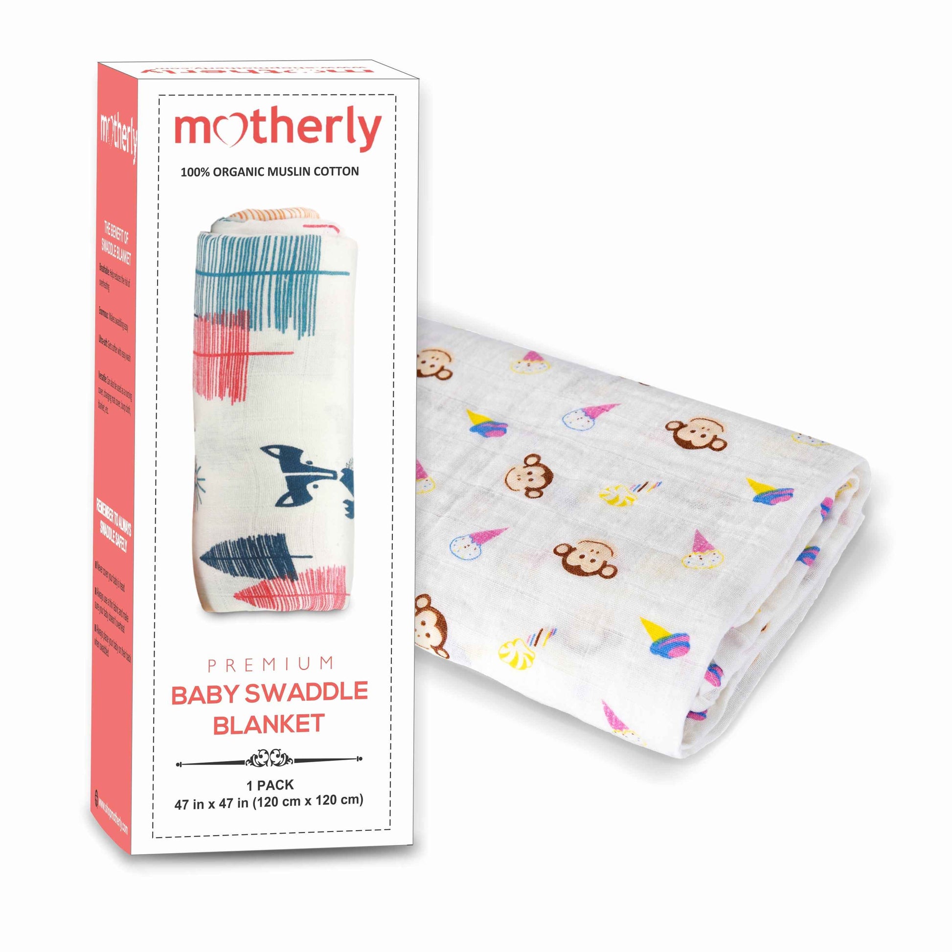 Motherly 100% Cotton Muslin Baby Swaddle | Dreamy Wrap Cozy Swaddle for New Born Baby, Size - 120cm X 120cm (47"x47")