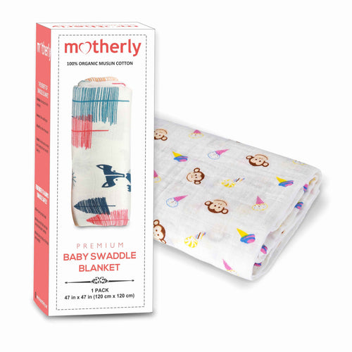 Motherly 100% Cotton Muslin Baby Swaddle | Dreamy Wrap Cozy Swaddle for New Born Baby, Size - 120cm X 120cm (47"x47")
