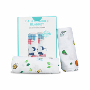 Motherly Muslin Baby Swaddle Wrap Burping Cloth for Newborn Baby, Malmal Baby Swaddle Wrap, Dreamy Wrap Cozy Swaddle, Breathable Soft Receiving Blanket for Newborn Boys & Girls Infant Gift (Pack of 2) - Animal & Fruit