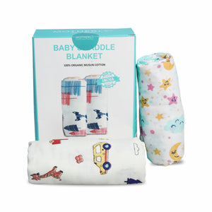 Motherly Muslin Baby Swaddle Wrap Burping Cloth for Newborn Baby, Malmal Baby Swaddle Wrap, Dreamy Wrap Cozy Swaddle, Breathable Soft Receiving Blanket for Newborn Boys & Girls Infant Gift (Pack of 2) - White Star & Car