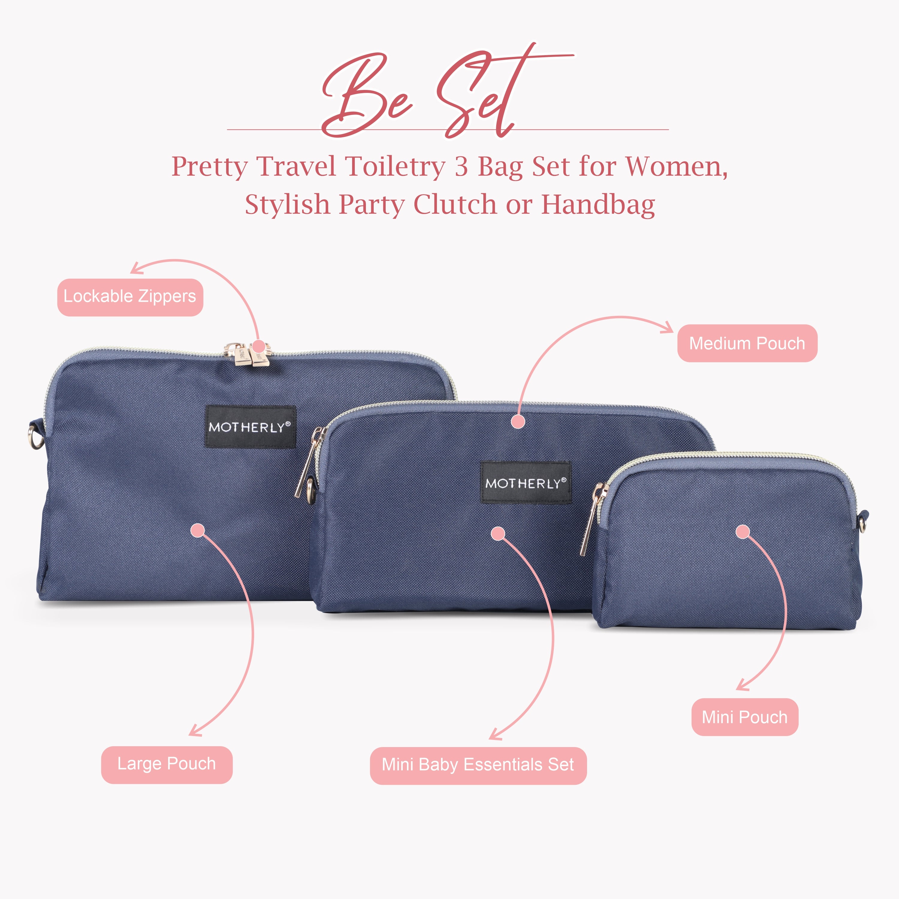 Motherly Diaper Organization Pouches, Pretty Travel Toiletry Bag Set for Women, Stylish Party Clutch or Handbag - MOTHERLY