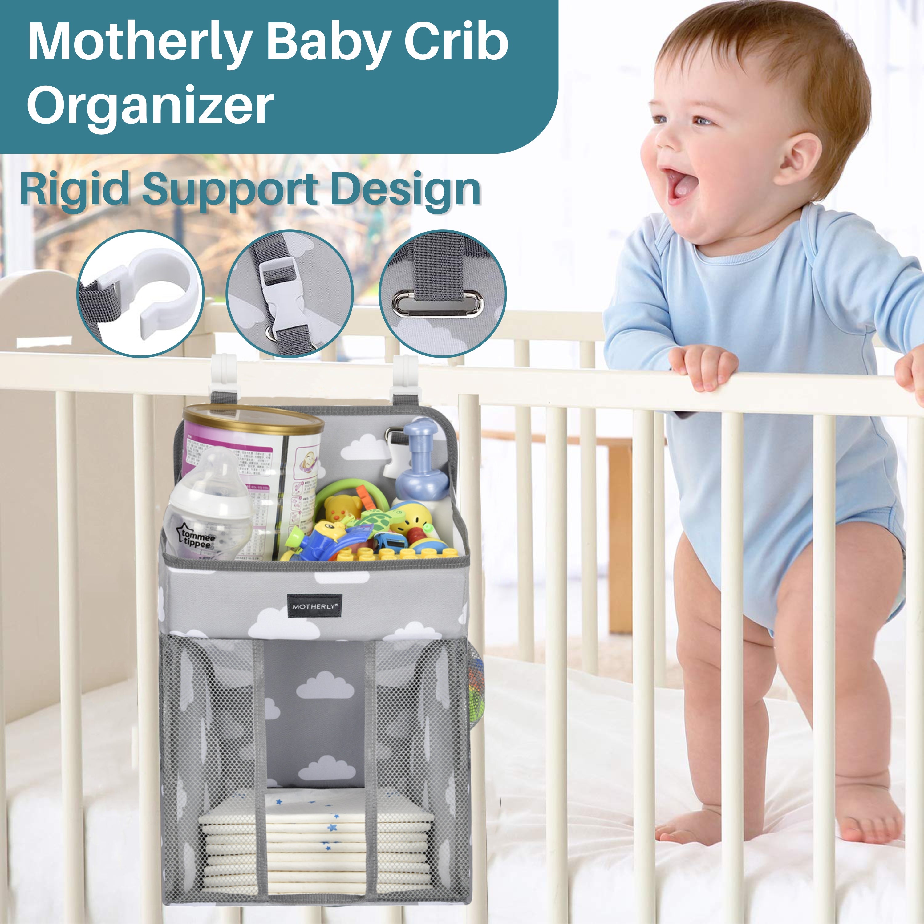 Motherly Baby Crib Organizer Hanging Diaper Storage Detachable Multiple Pockets Stackable Nursery Essentials - MOTHERLY