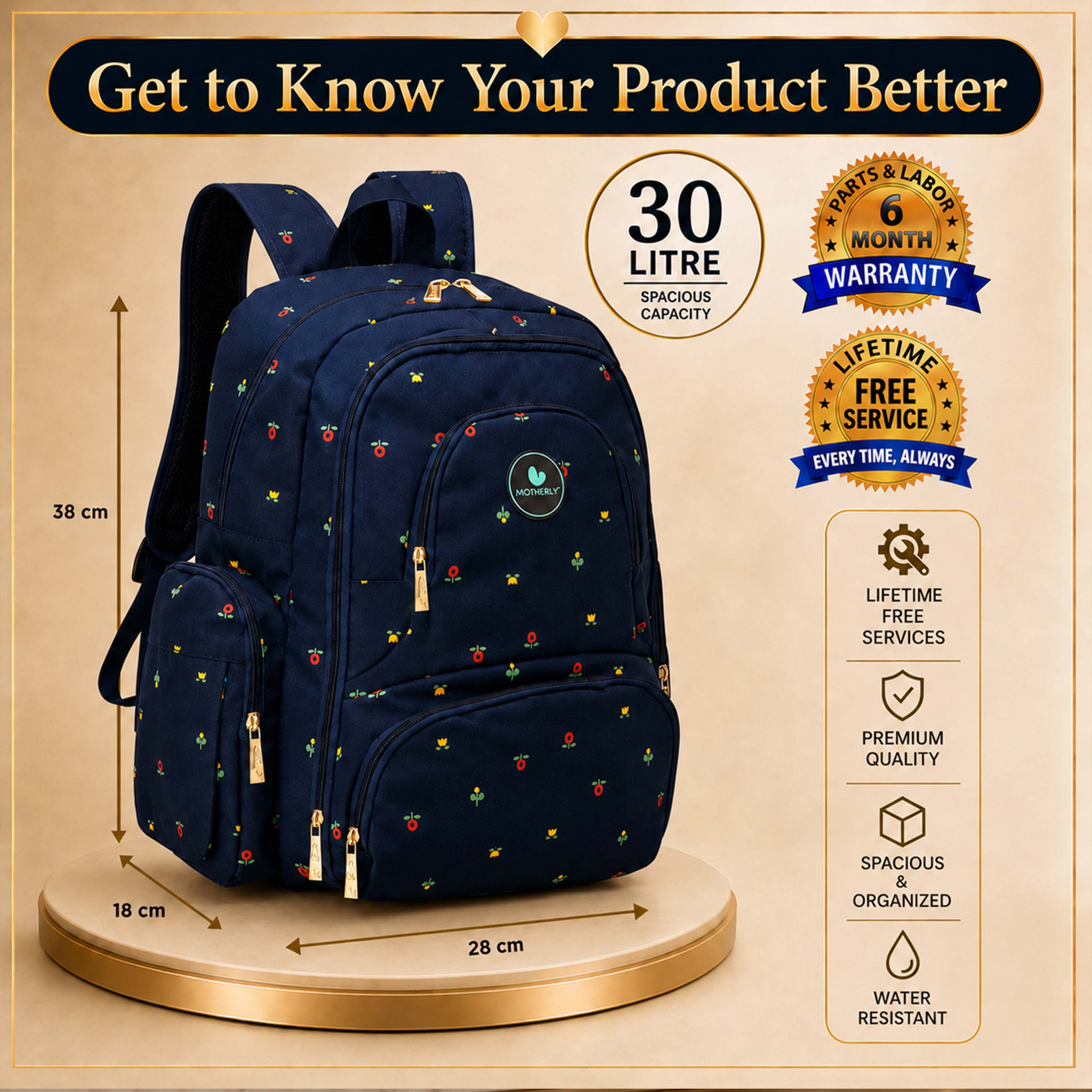 Motherly Elite Diaper Bag for Mothers for Travel, Maternity Bag for Newborn Baby, Mother Travelling Bag, Multiple Pocket Water Resistant Hospital Bag for moms with complimentary offers (Blue Flower)