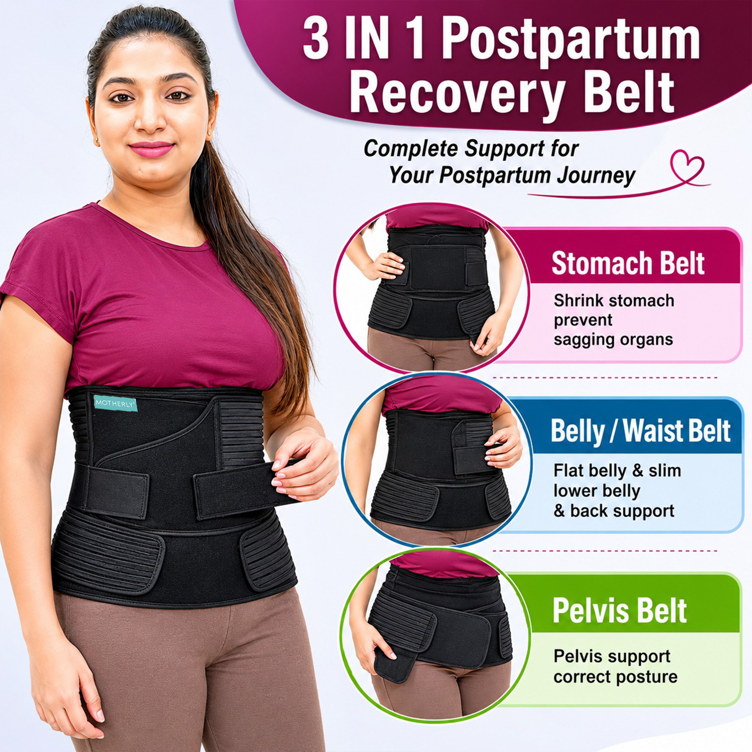 Motherly 3 In 1 Postpartum Recovery Belt (Fit From 30 Inch To 46 Inches Of Waist),One Size