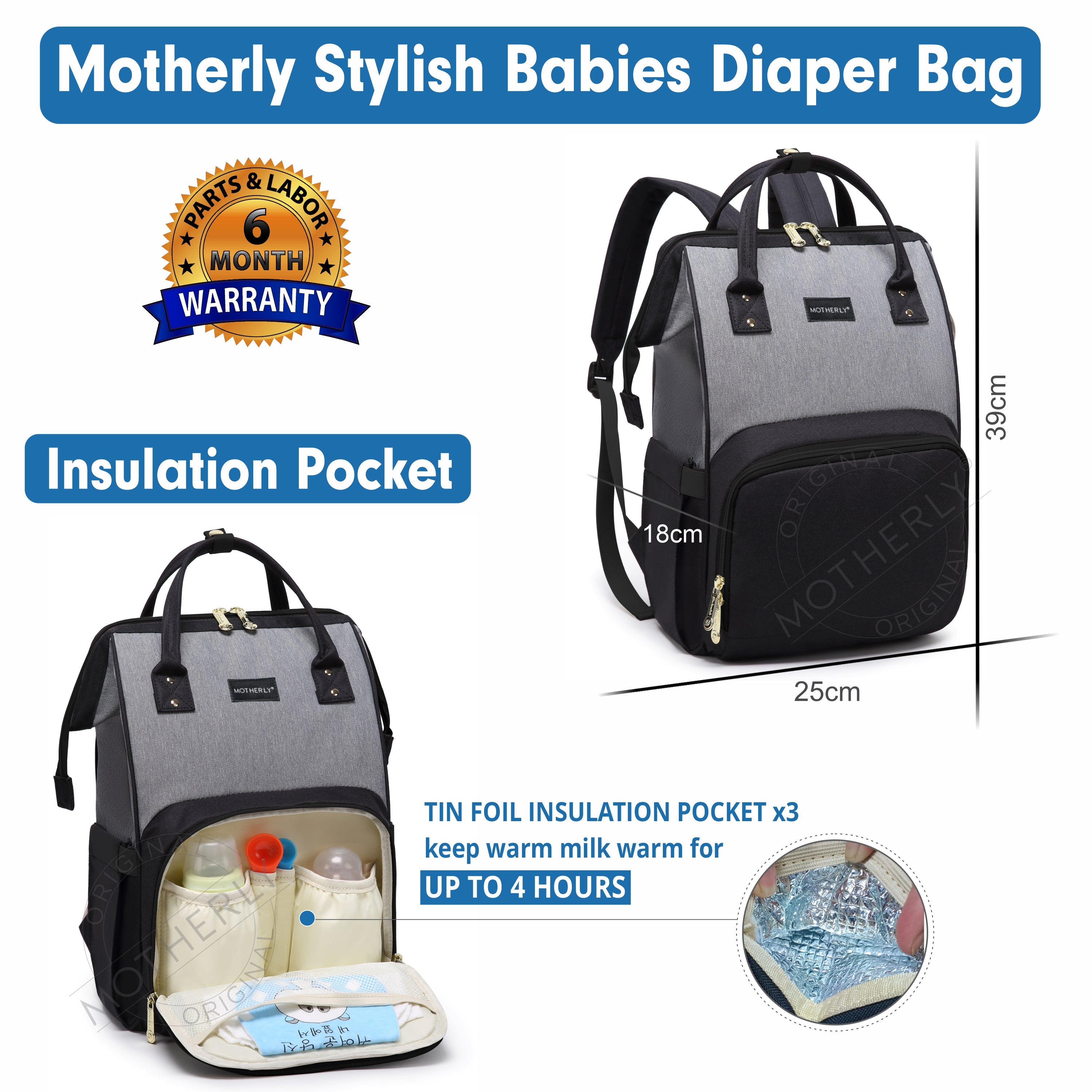 Motherly League Solid Color Diaper Bag for Mothers for Travel, Maternity Bag for Newborn Baby, Mother Travelling Bag, Multiple Pocket Water Resistant Hospital Bag for moms with Warranty - MOTHERLY