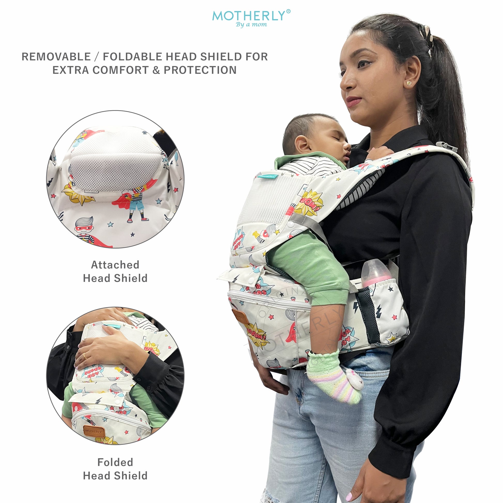 Motherly Baby Carrier for 0 to 3 Year Baby – Adjustable Hands Free 6-in-1 Baby Carrier with Detachable Hip Seat | baby carrier for new born |  Toddler Carrier with Head Support & Buckle Strap for Hiking & Everyday Use - MOTHERLY