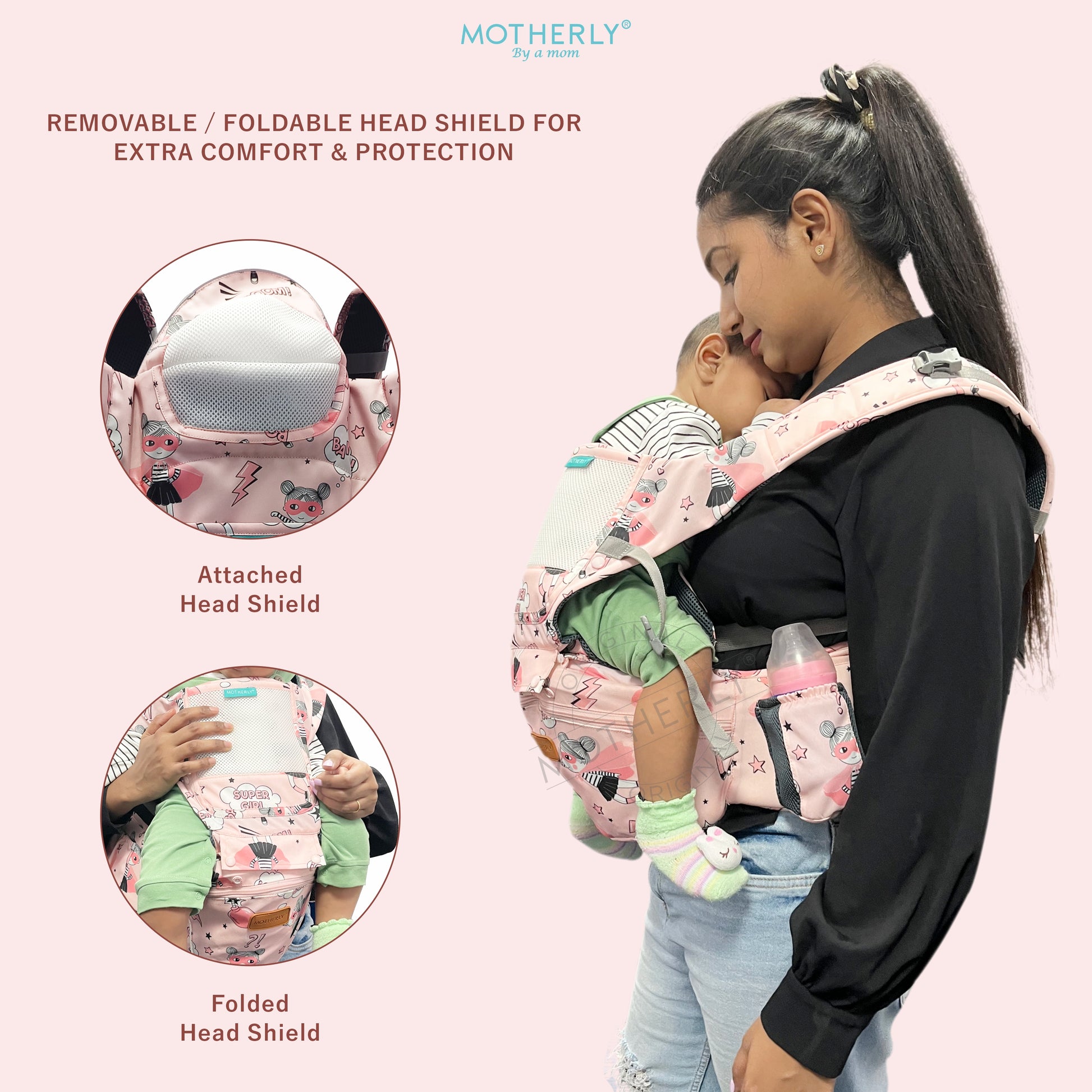 Motherly Baby Carrier for 0 to 3 Year Baby – Adjustable Hands Free 6-in-1 Baby Carrier with Detachable Hip Seat | baby carrier for new born |  Toddler Carrier with Head Support & Buckle Strap for Hiking & Everyday Use - MOTHERLY