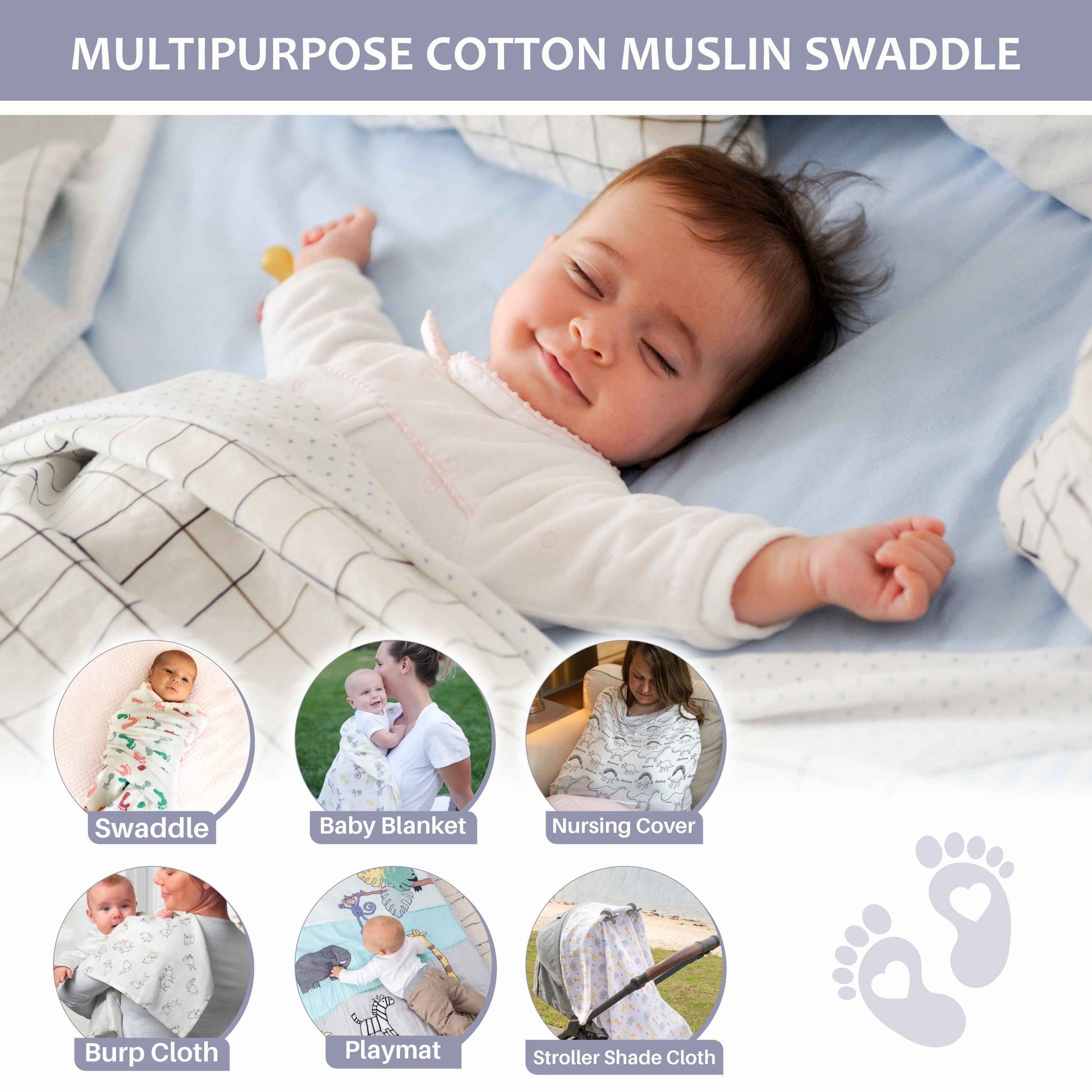 Motherly 100% Cotton Muslin Baby Swaddle | Dreamy Wrap Cozy Swaddle for New Born Baby, Size - 120cm X 120cm (47"x47")