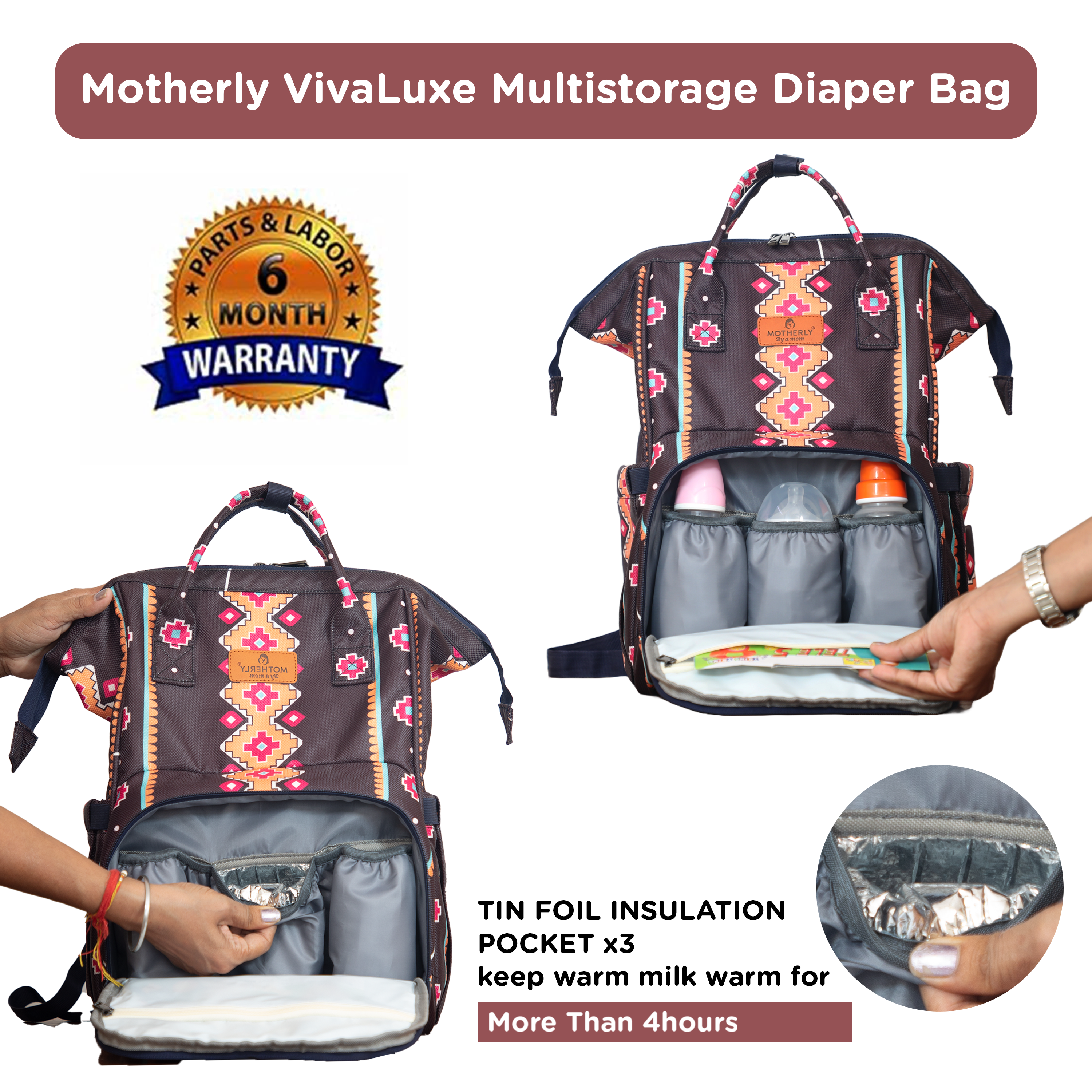 Motherly VivaLuxe Baby Bag for Mother Travel with Warranty/Diaper Bag with Insulated Baby Bottle Pocket/Diaper Bag for Mothers for Travel with Multi Compartments, Diaper Bags for Mom (Black)