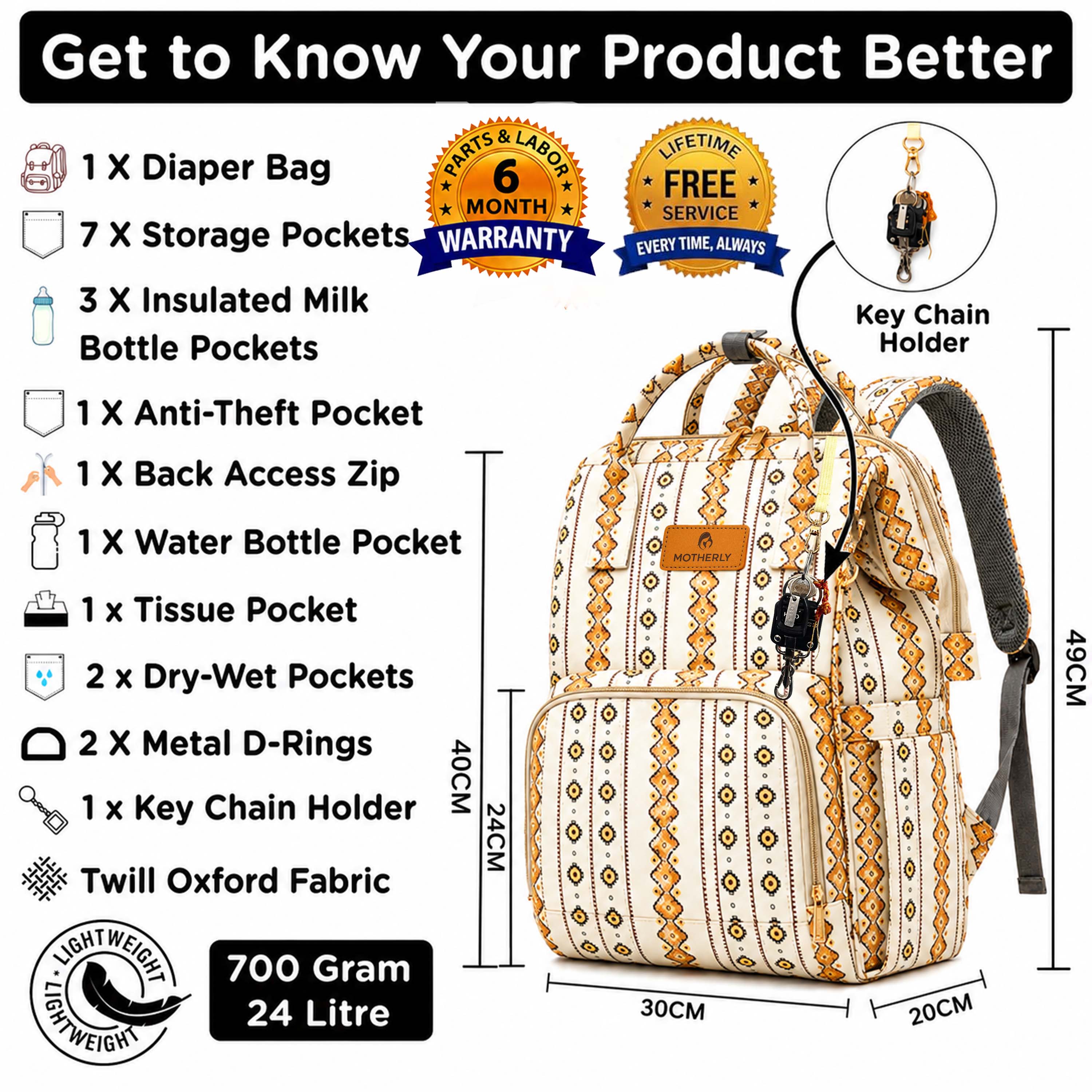 Motherly Patented Diaper Bag Backpack for Moms | Waterproof Baby Travel & Maternity Bag | Spacious Nappy Bag with Multiple Compartments, Insulated Bottle Pockets & Warranty (VivaLuxe Series)
