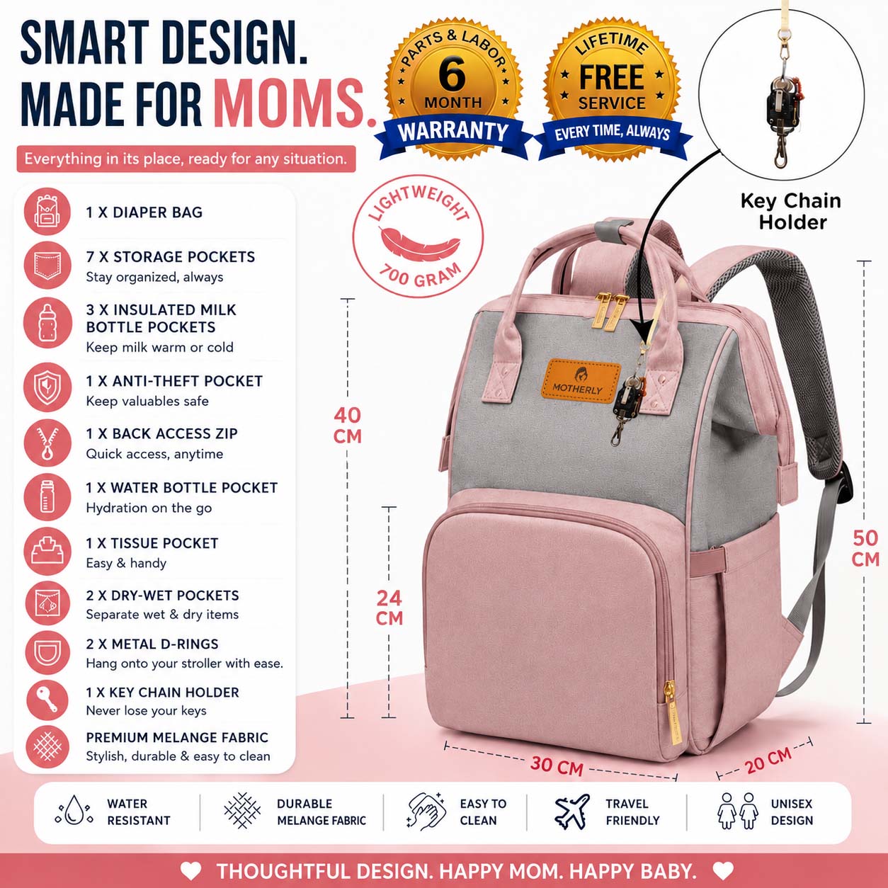 Motherly Crown Melange Fabric Diaper Bag for Travel & Maternity, Multipocket Water-Resistant Hospital Organizer for Newborn Moms with Warranty