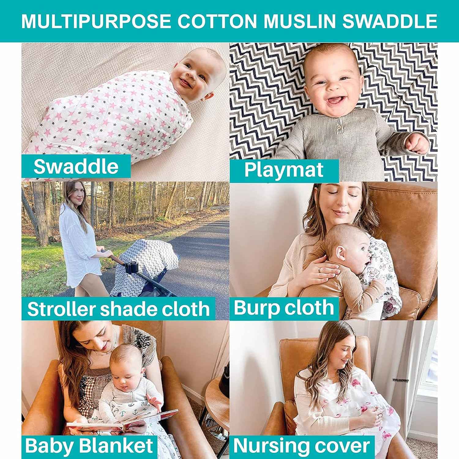 Motherly 100% Cotton Muslin Baby Swaddle | Dreamy Wrap Cozy Swaddle for New Born Baby, Size - 120cm X 120cm (47"x47")