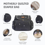 Motherly Diaper Quilted Diaper Bag for Mothers for Travel with Changing Mat - Spacious Diaper Bags for Mom | Baby Bag with Multi-Pocket Design | Maternity Bags for Mother and Baby (Black) - MOTHERLY