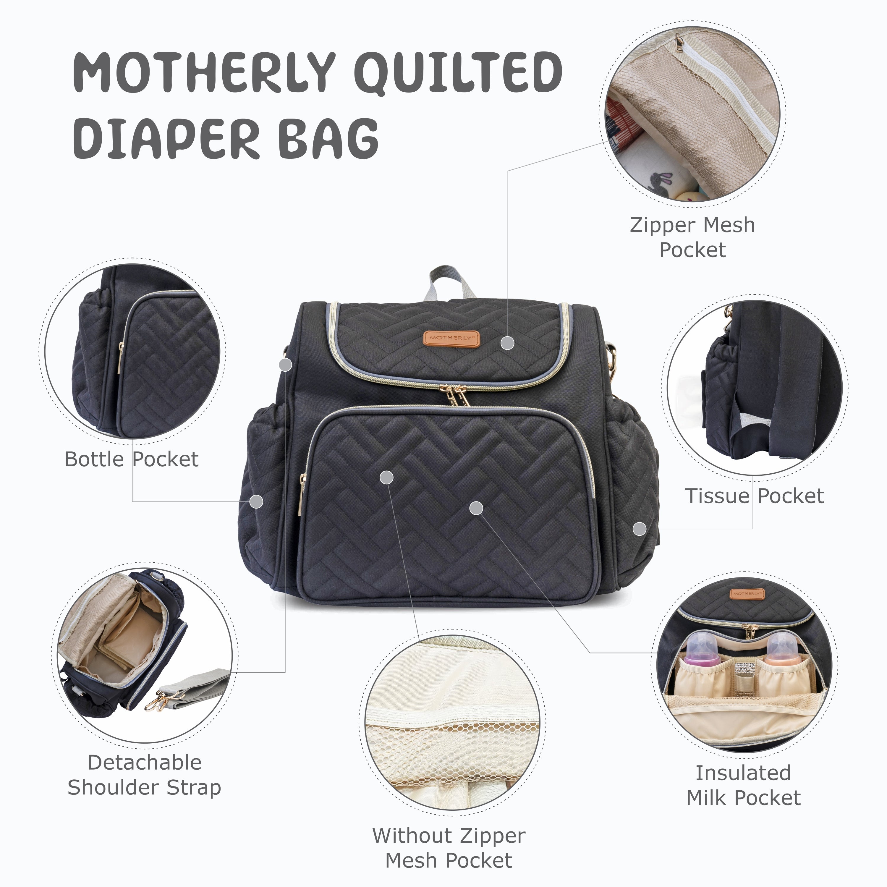 Motherly Diaper Quilted Diaper Bag for Mothers for Travel with Changing Mat - Spacious Diaper Bags for Mom | Baby Bag with Multi-Pocket Design | Maternity Bags for Mother and Baby (Black) - MOTHERLY