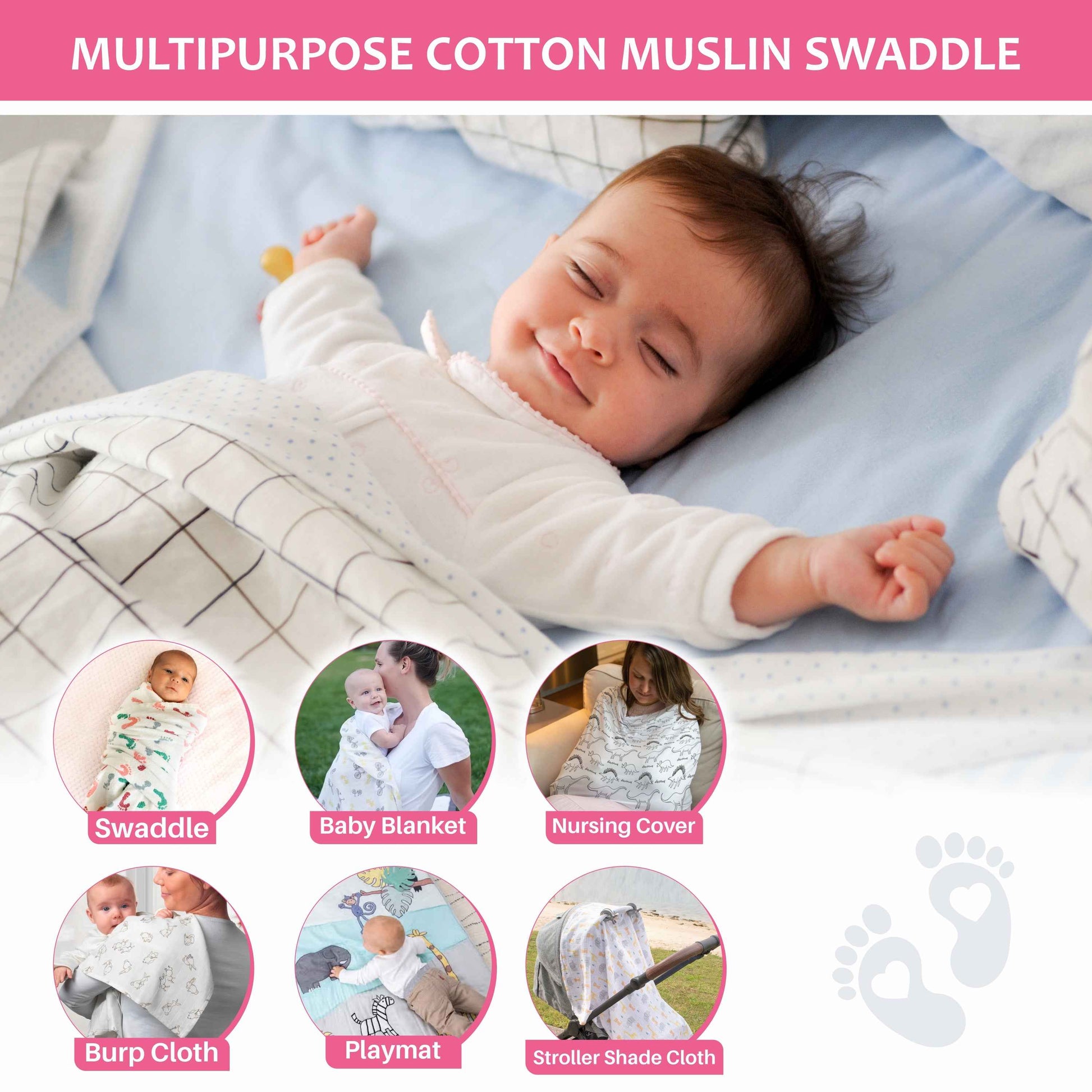 Motherly 100% Cotton Muslin Baby Swaddle | Dreamy Wrap Cozy Swaddle for New Born Baby, Size - 120cm X 120cm (47"x47")