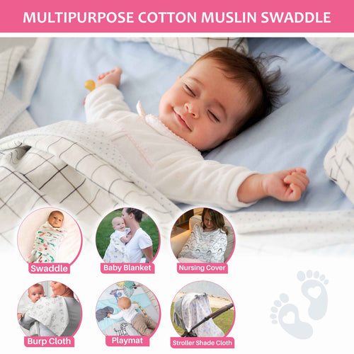 Motherly 100% Cotton Muslin Baby Swaddle | Dreamy Wrap Cozy Swaddle for New Born Baby, Size - 120cm X 120cm (47"x47")