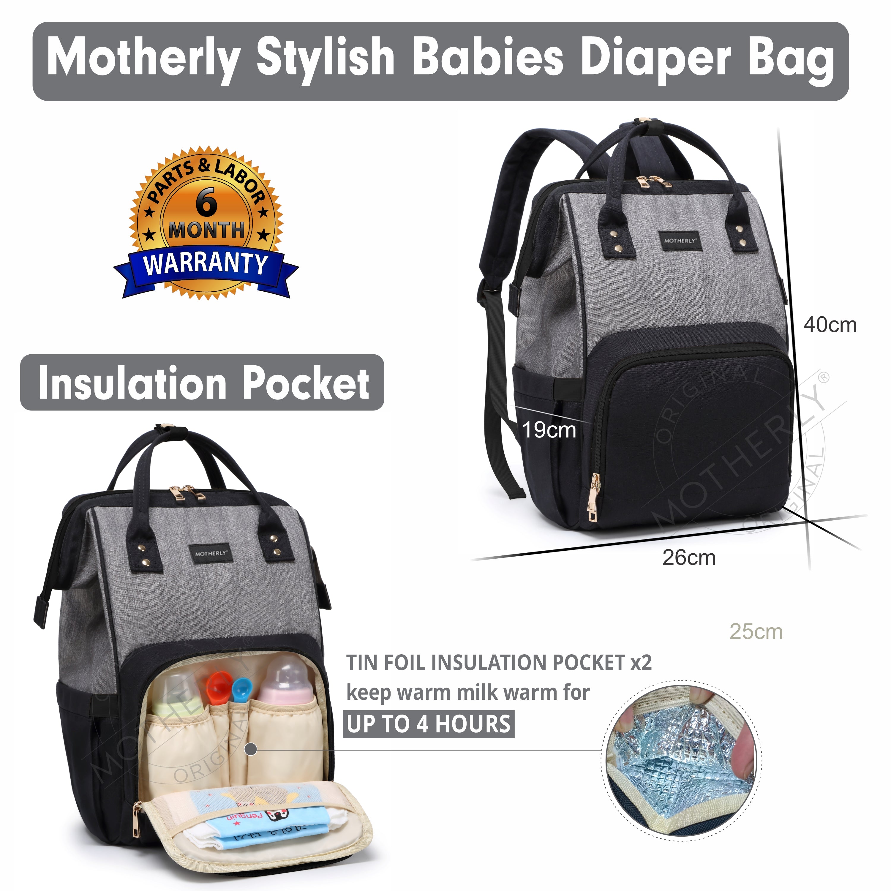 Motherly Crown Diaper Bag for Mothers for Travel with Mat, Stroller Hook, Bottle Cover/Multipocket Baby Bag/Water-resistant Diaper bags for mom/Maternity Bags for Mother and Baby - MOTHERLY