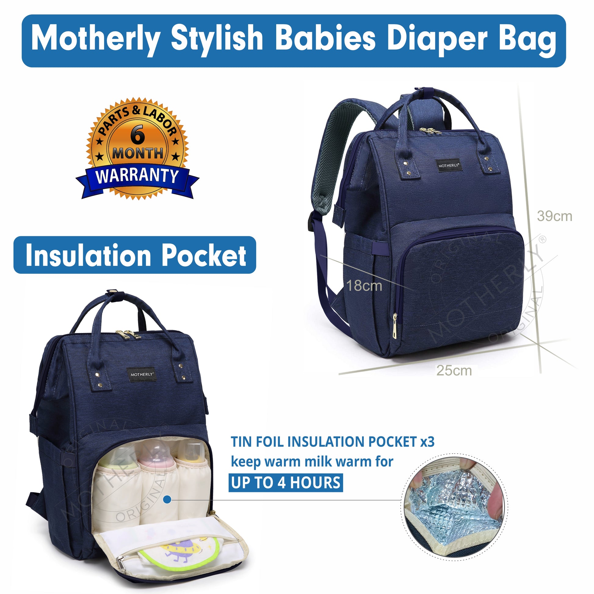 Motherly League Solid Color Diaper Bag for Mothers for Travel, Maternity Bag for Newborn Baby, Mother Travelling Bag, Multiple Pocket Water Resistant Hospital Bag for moms with Warranty - MOTHERLY