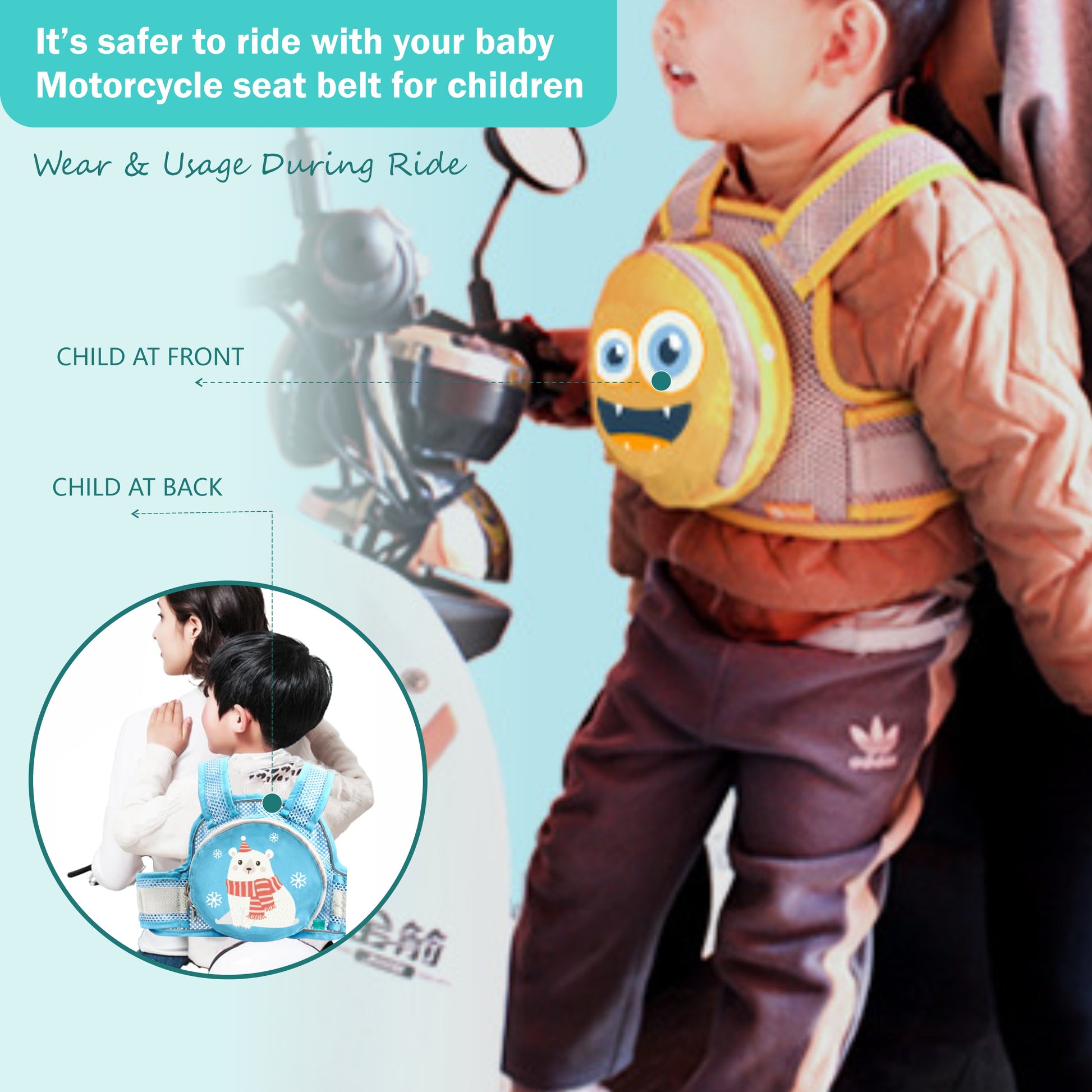 Motherly Children's Motorcycle Safety Harness Safe, Stylish Riding Companion with Two Wheeler Child Safety Belt - MOTHERLY