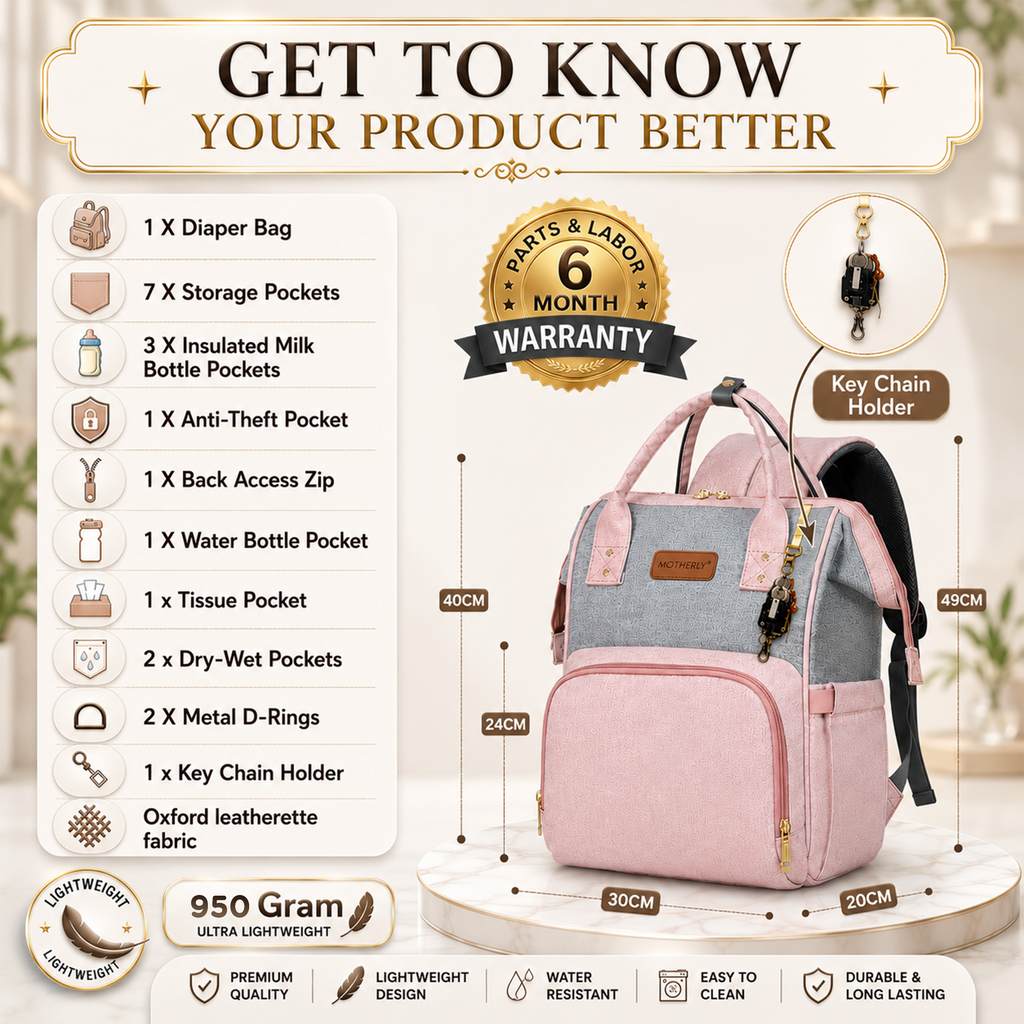 Motherly Envy Diaper Bag for Moms – Spacious, Waterproof Travel & Maternity Bag with Accessories