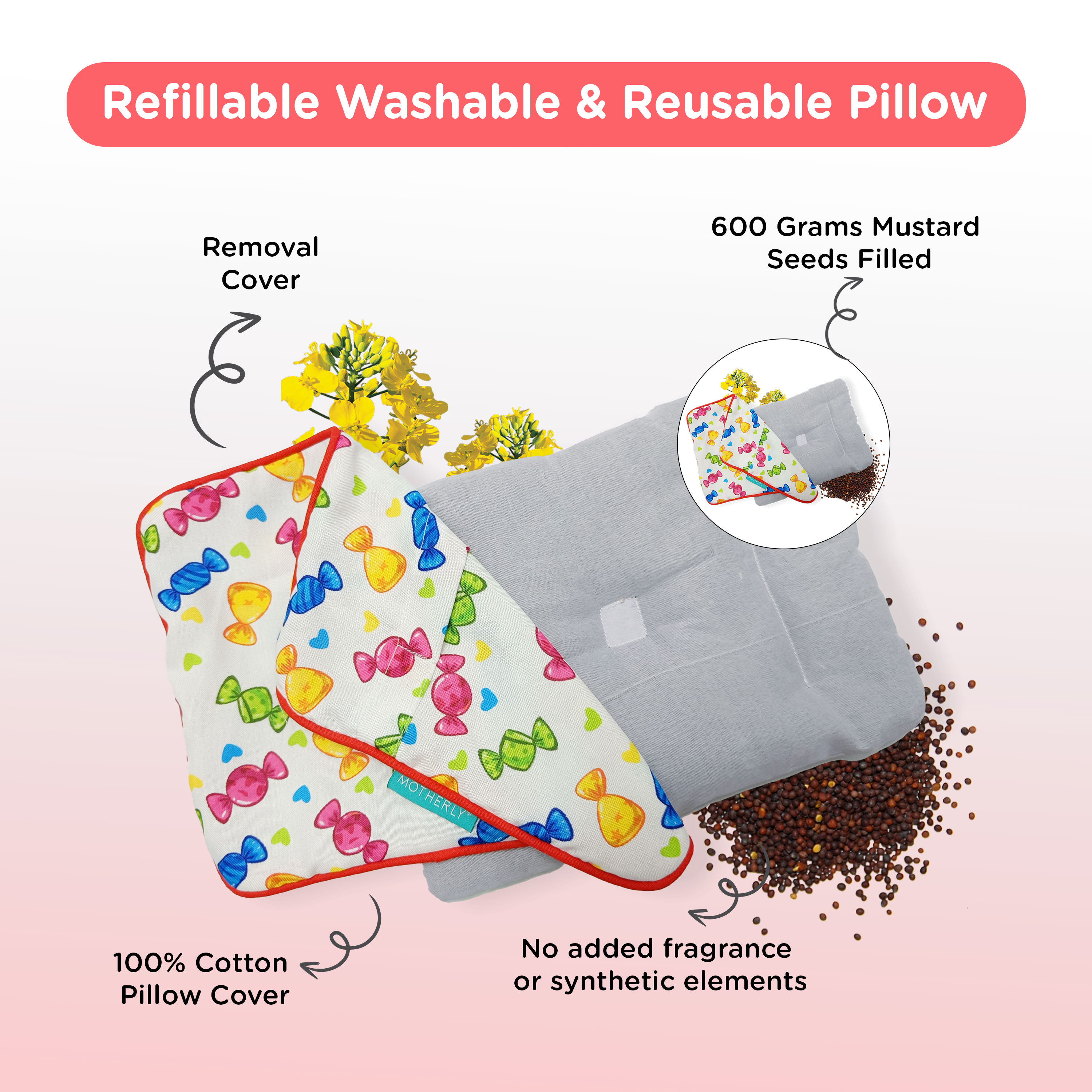 Motherly Mustard Seed Pillow for Newborns (0–12 Months) – Neem-Coated, Cotton Head Shaping Pillow for Gifting - Toffee