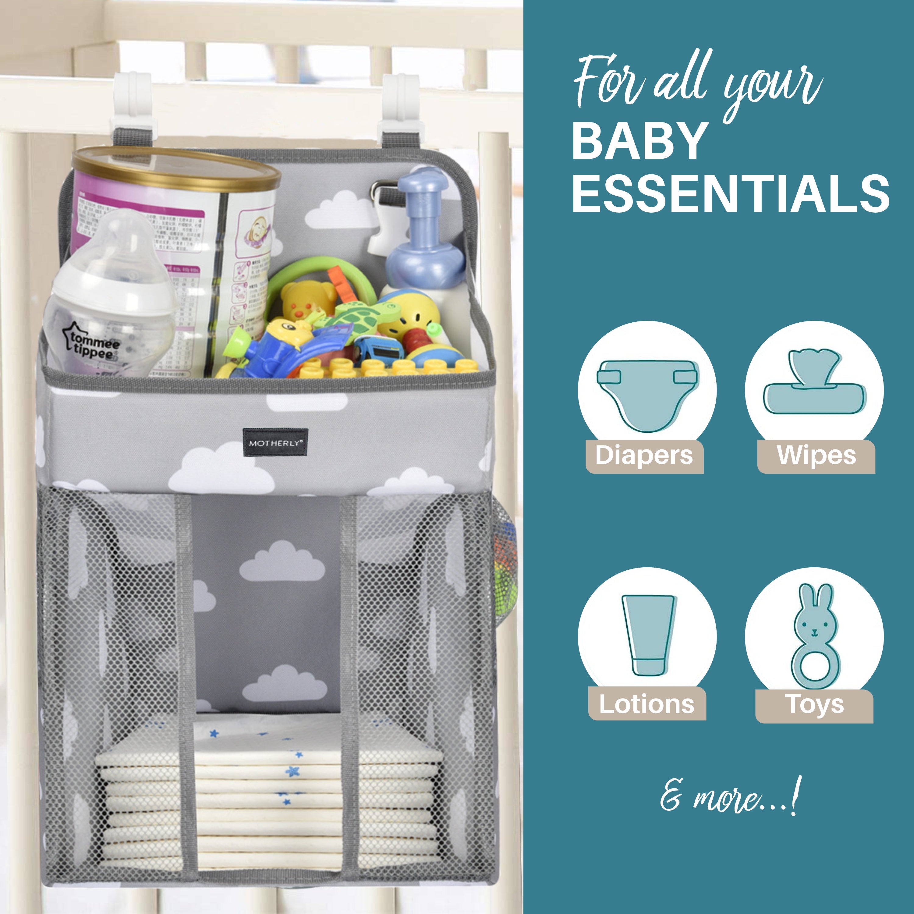 Motherly Baby Crib Organizer Hanging Diaper Storage Detachable Multiple Pockets Stackable Nursery Essentials - MOTHERLY