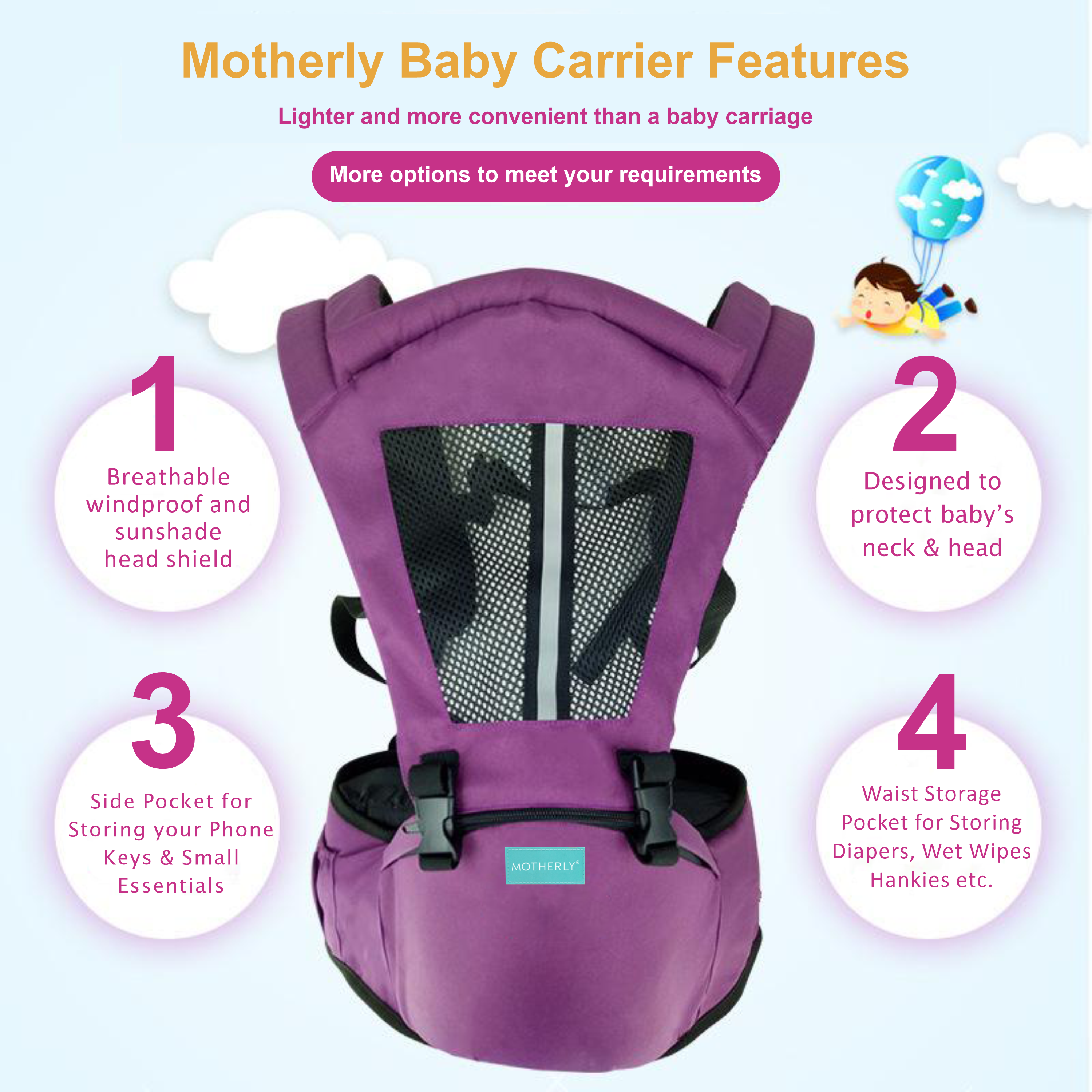 Motherly 2-in-1 Baby Carrier Bag for 6 to 36 Months - Kangaroo Style with Hip Seat for Comfort Carrying - MOTHERLY