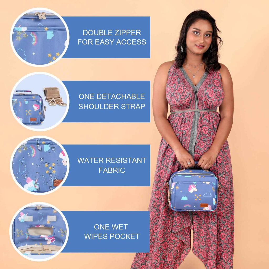 Motherly Mini Diaper Bag for Mothers for Travel | Small Maternity Handbag for Newborn Baby | Mothers Travelling Bag | Multiple Pockets Water Resistant Baby Bag I Hospital Bag for Moms (Unicorn Blue)