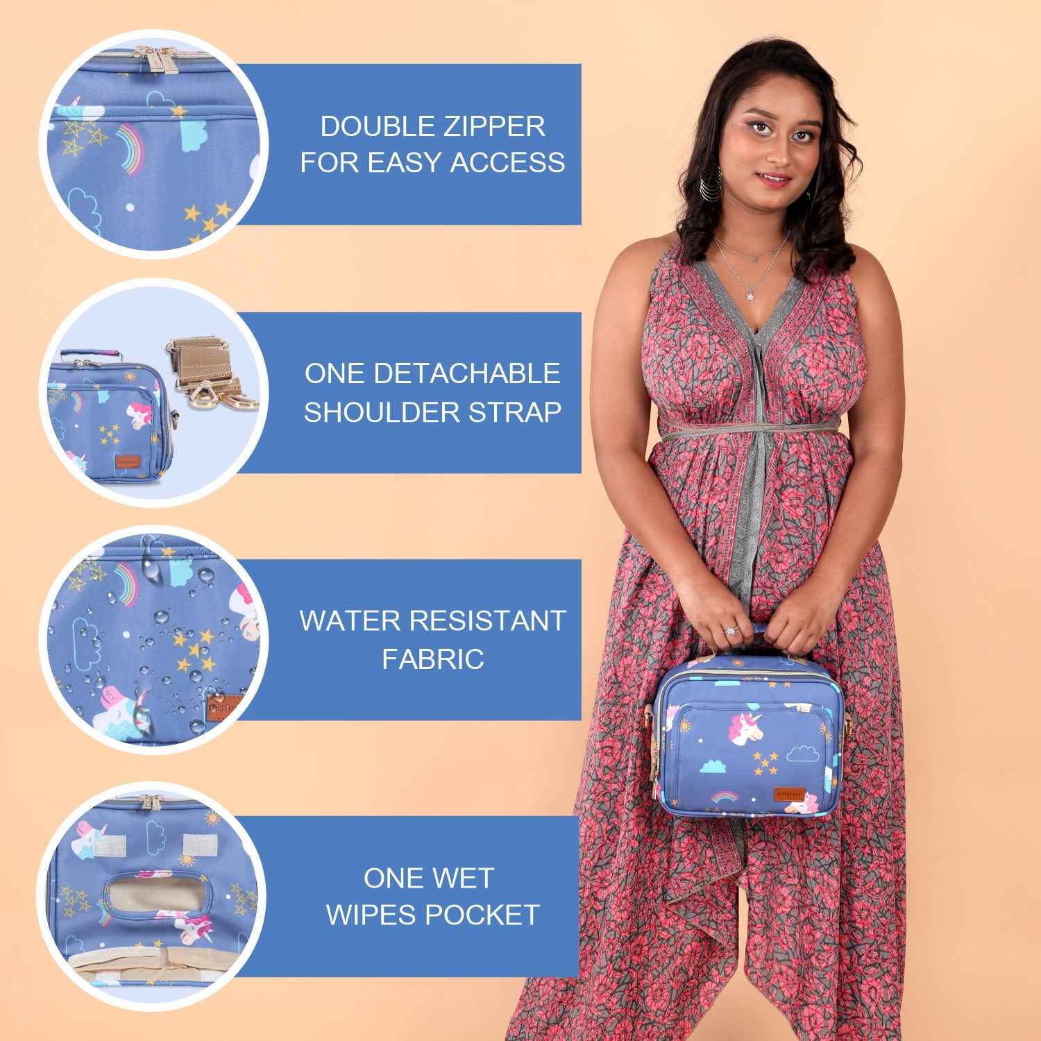 Motherly Mini Diaper Bag for Mothers for Travel | Small Maternity Handbag for Newborn Baby | Mothers Travelling Bag | Multiple Pockets Water Resistant Baby Bag I Hospital Bag for Moms (Unicorn Blue)