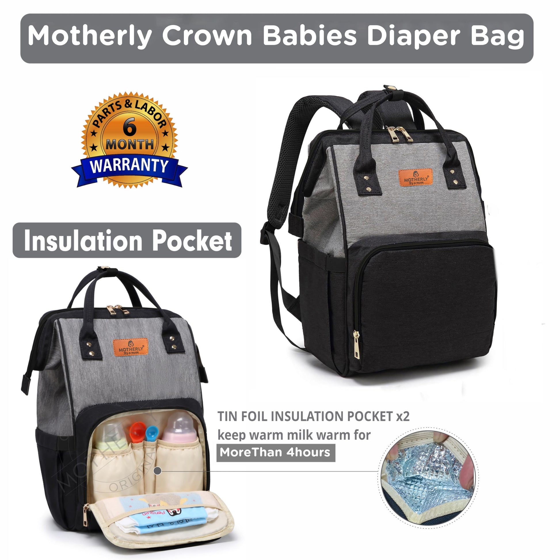 Motherly Crown Diaper Bag for Moms – Water-Resistant Travel & Maternity Bag with Mat, Bottle Cover & Stroller Hooks