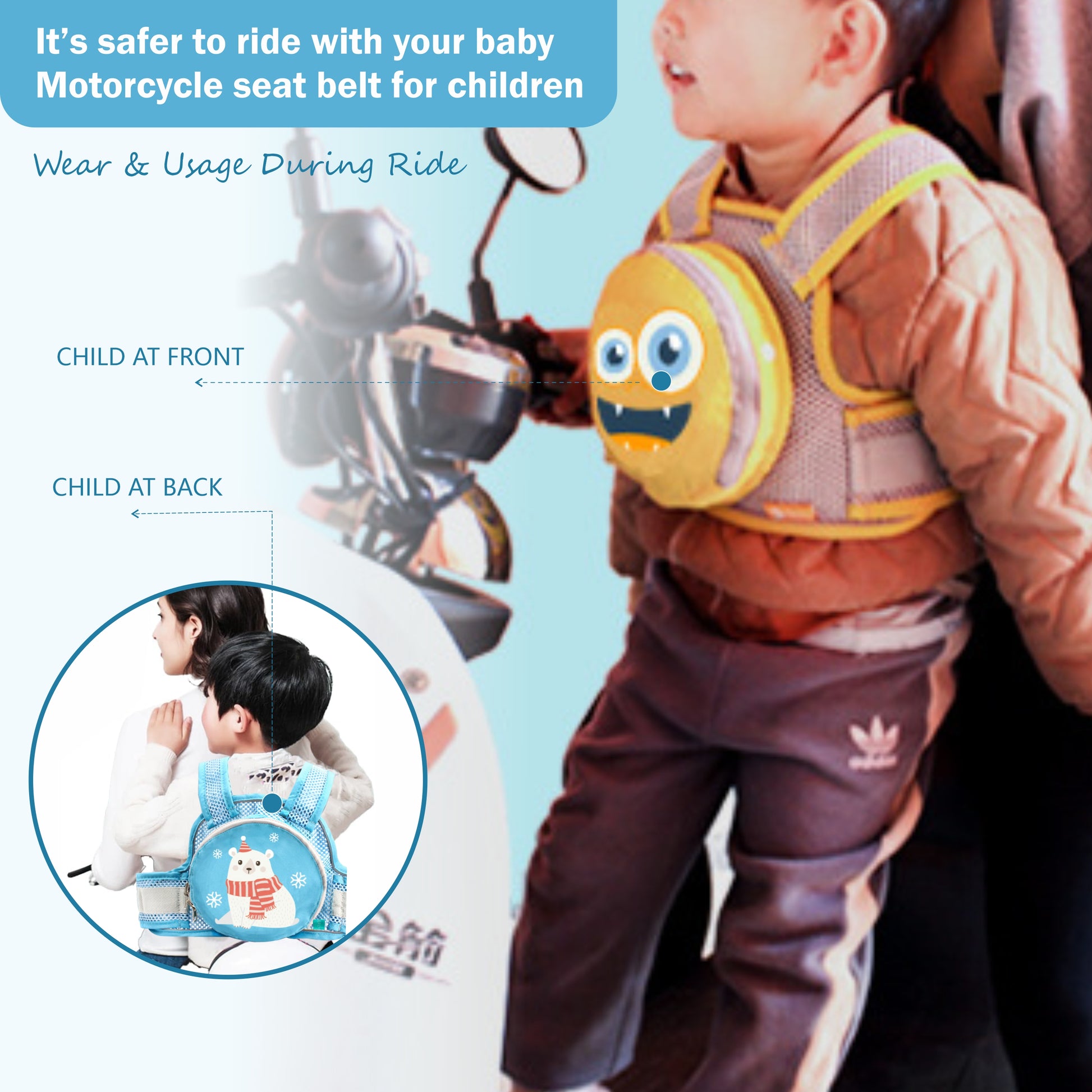 Motherly Children's Motorcycle Safety Harness Safe, Stylish Riding Companion with Two Wheeler Child Safety Belt - MOTHERLY