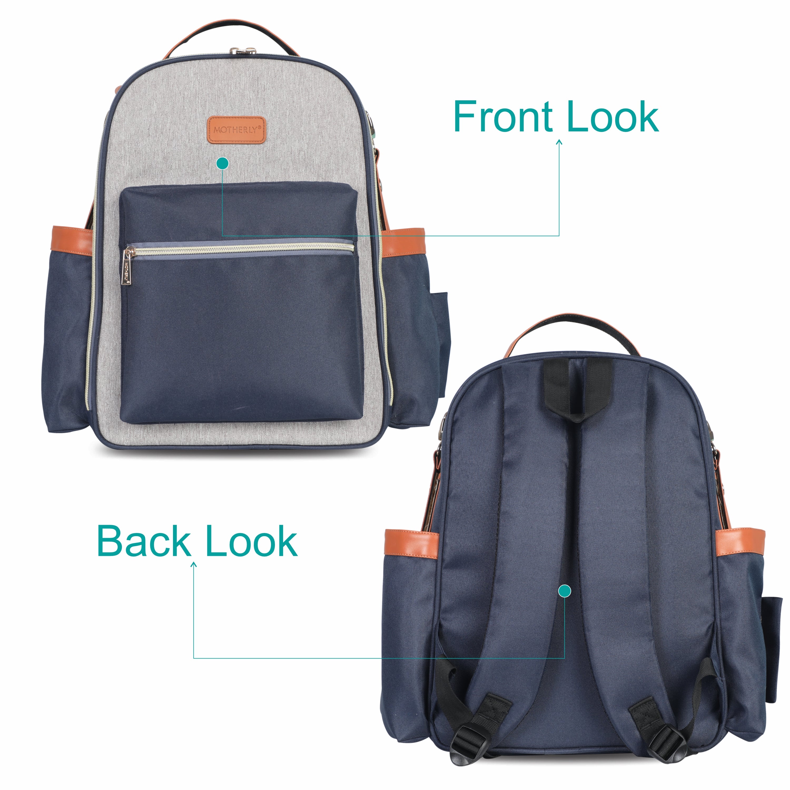 Motherly Diaper Bags For Mothers Stylish Backpacks for Moms for Travel with Stroller Hooks & Insulated Bottle Cover|6 Month Warranty |(Navy Gray) - MOTHERLY