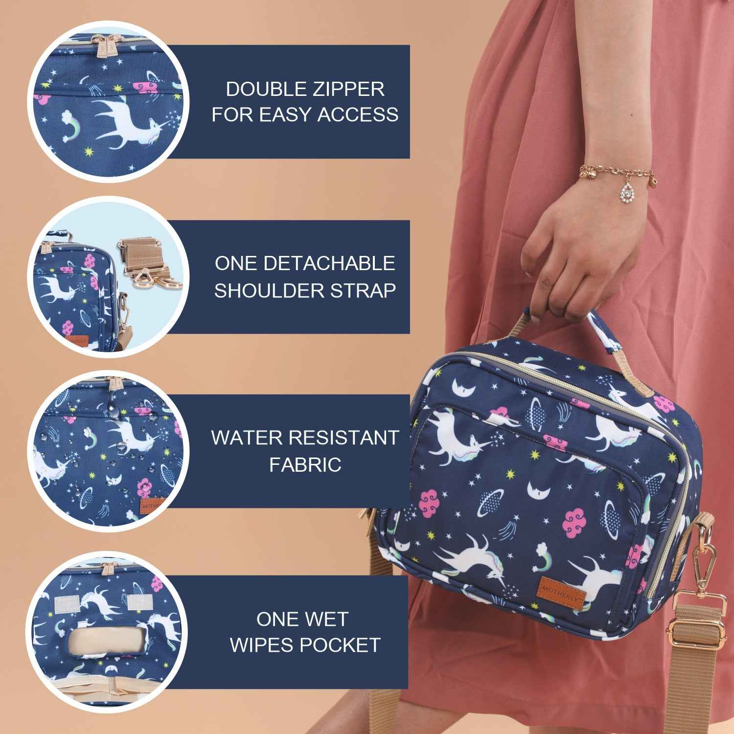 Motherly Mini Diaper Bag for Mothers for Travel | Small Maternity Handbag for Newborn Baby | Mothers Travelling Bag | Multiple Pockets Water Resistant Baby Bag I Hospital Bag for Moms (Unicorn Blue)