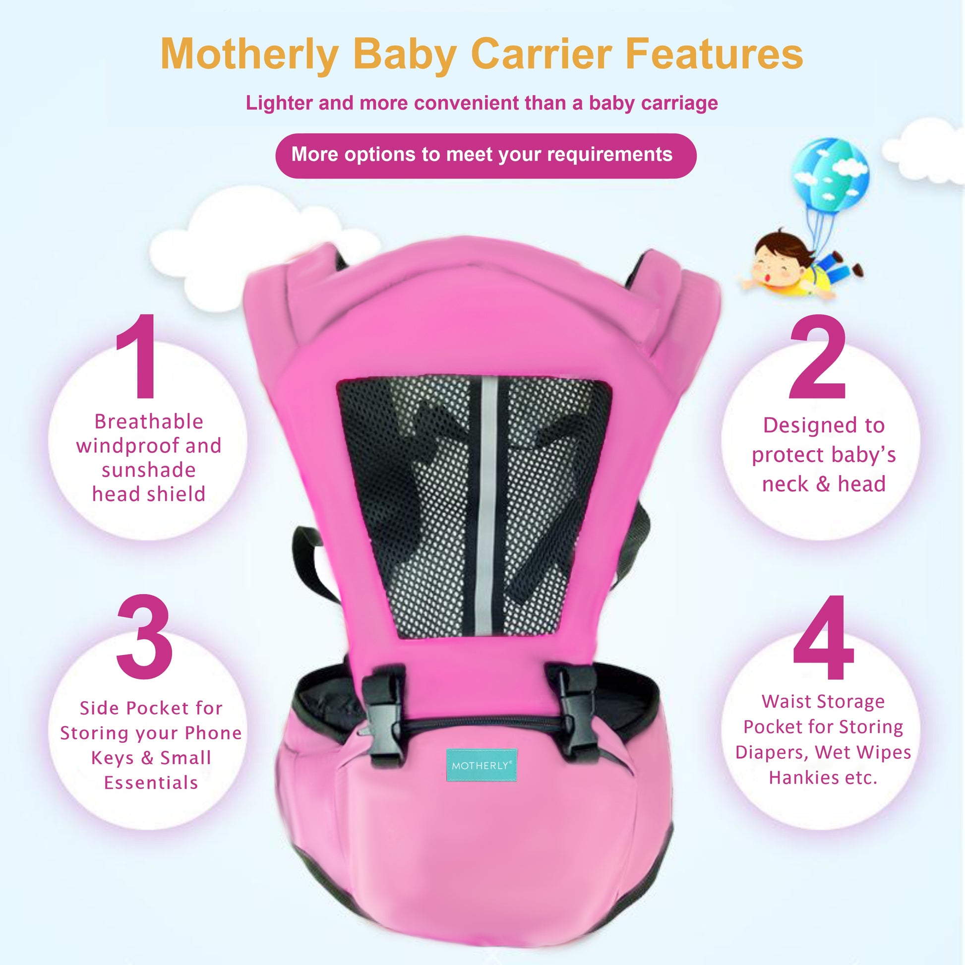 Motherly 2-in-1 Baby Carrier Bag for 6 to 36 Months - Kangaroo Style with Hip Seat for Comfort Carrying - MOTHERLY