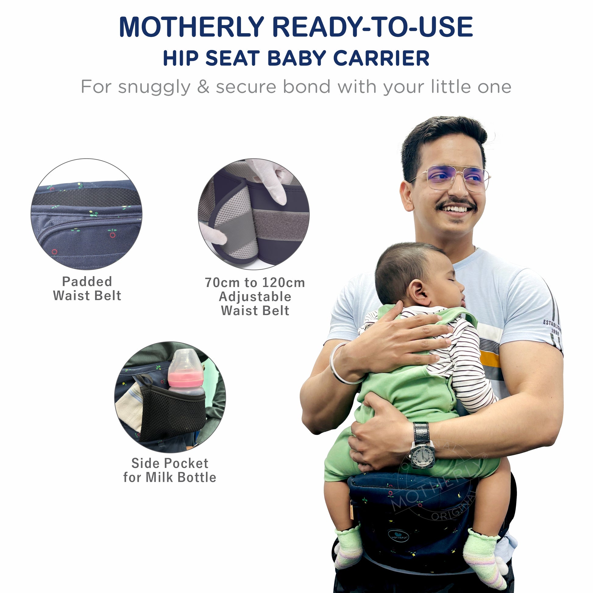 Motherly Ready to Use hip seat Baby Carrier|Convertible Sling Carrier|for 5-36 Months (Blue Flower) - MOTHERLY