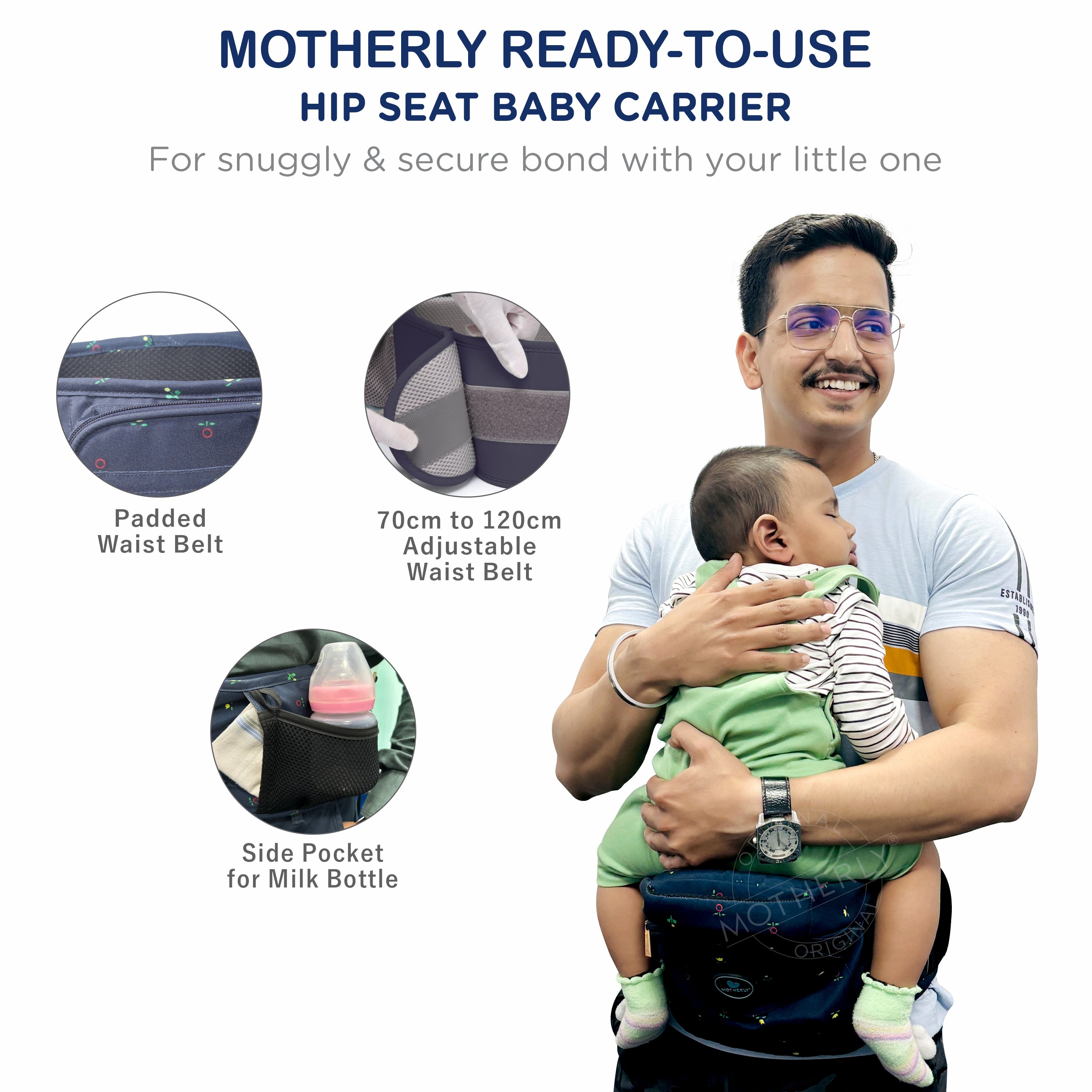 Motherly Ready to Use hip seat Baby Carrier|Convertible Sling Carrier|for 5-36 Months (Blue Flower) - MOTHERLY