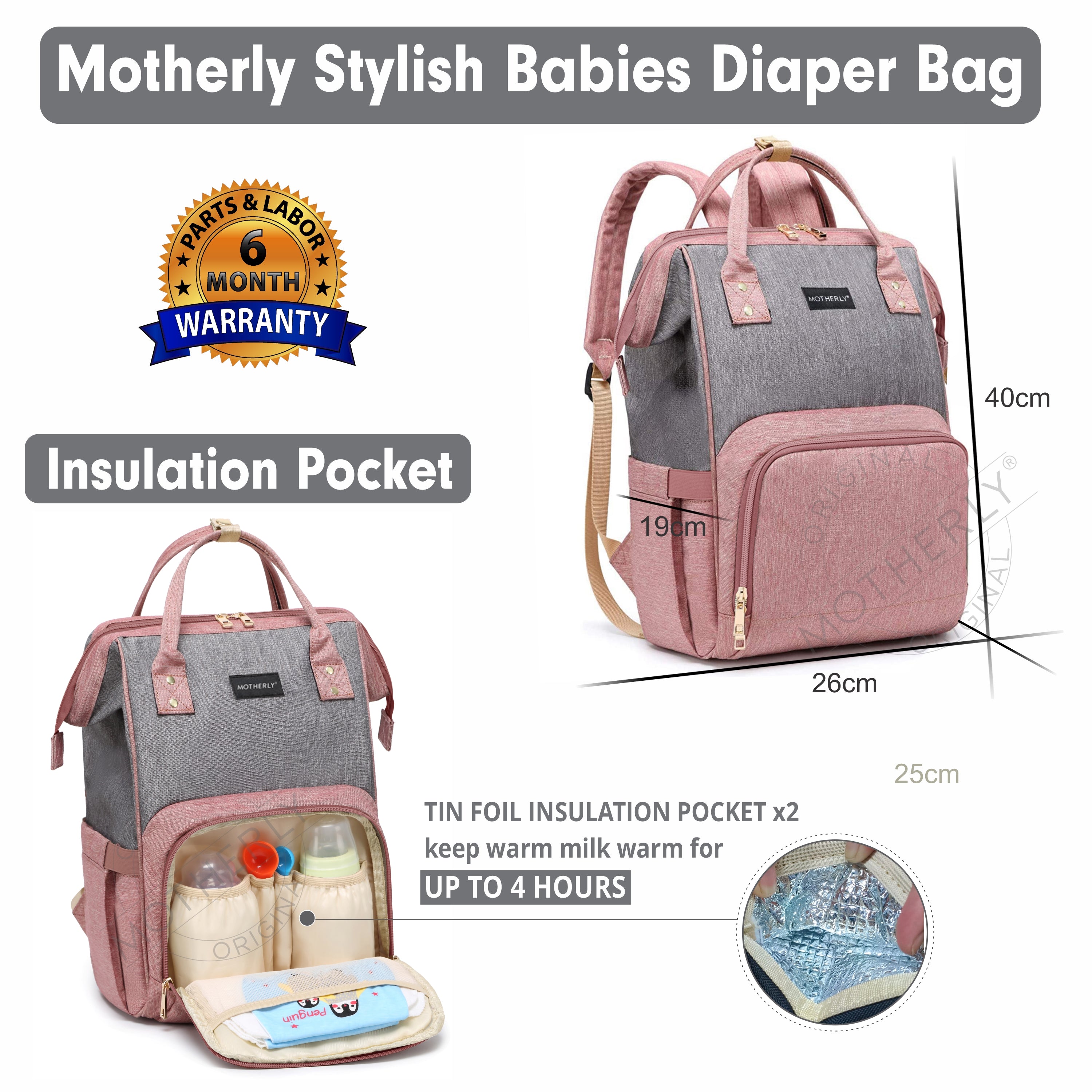 Motherly Crown Diaper Bag for Mothers for Travel with Mat, Stroller Hook, Bottle Cover/Multipocket Baby Bag/Water-resistant Diaper bags for mom/Maternity Bags for Mother and Baby - MOTHERLY