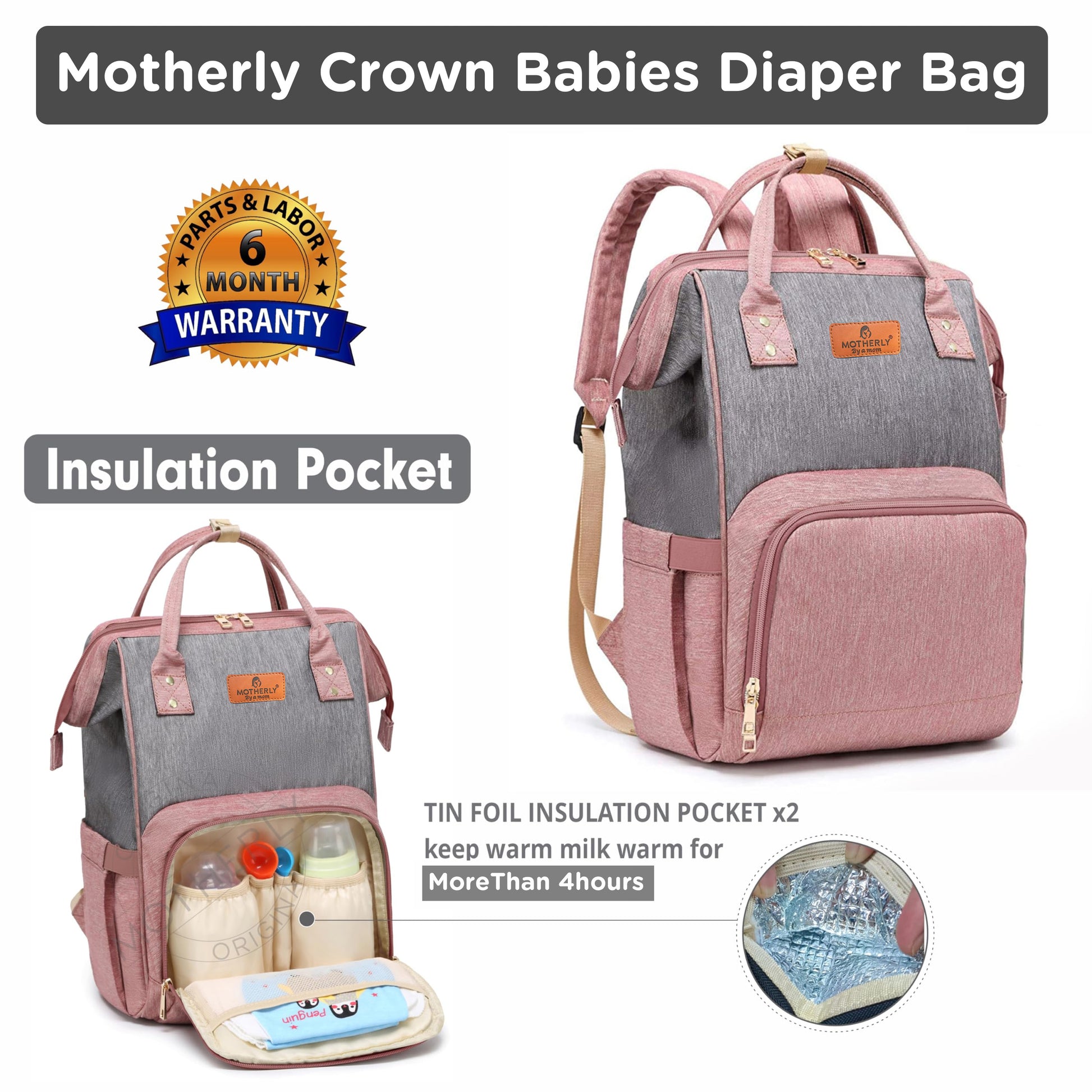 Motherly Crown Diaper Bag for Moms – Water-Resistant Travel & Maternity Bag with Mat, Bottle Cover & Stroller Hooks