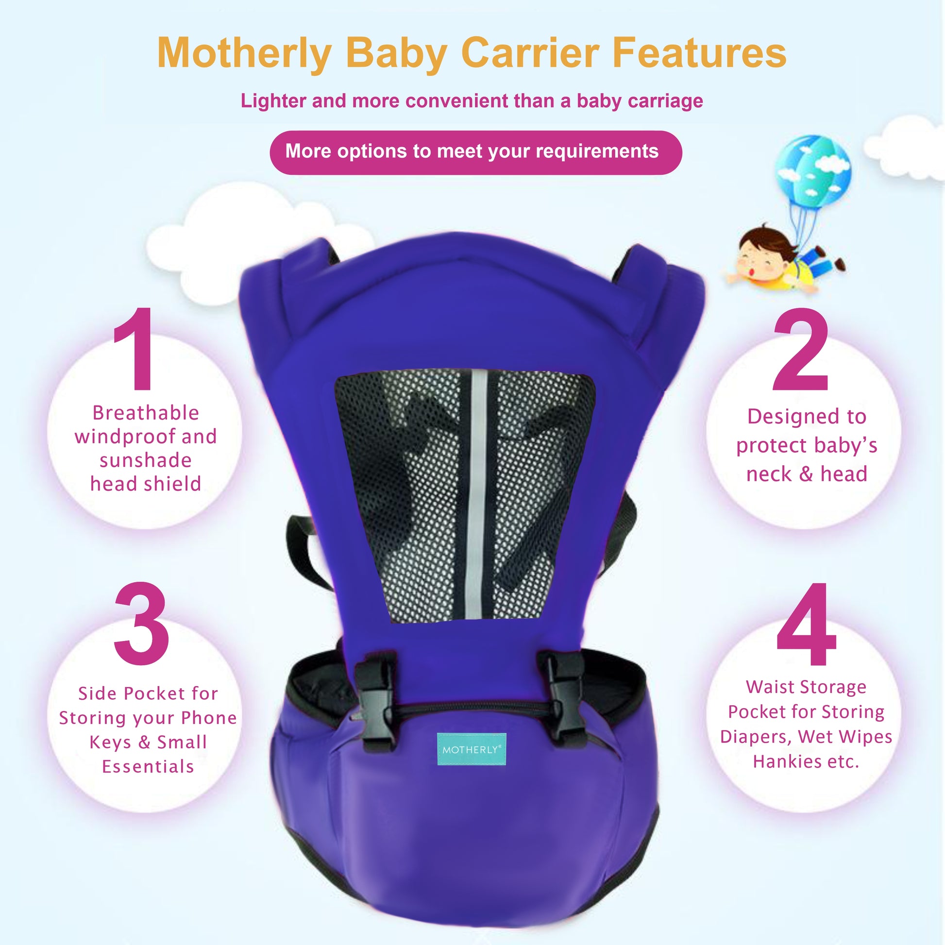 Motherly 2-in-1 Baby Carrier Bag for 6 to 36 Months - Kangaroo Style with Hip Seat for Comfort Carrying - MOTHERLY