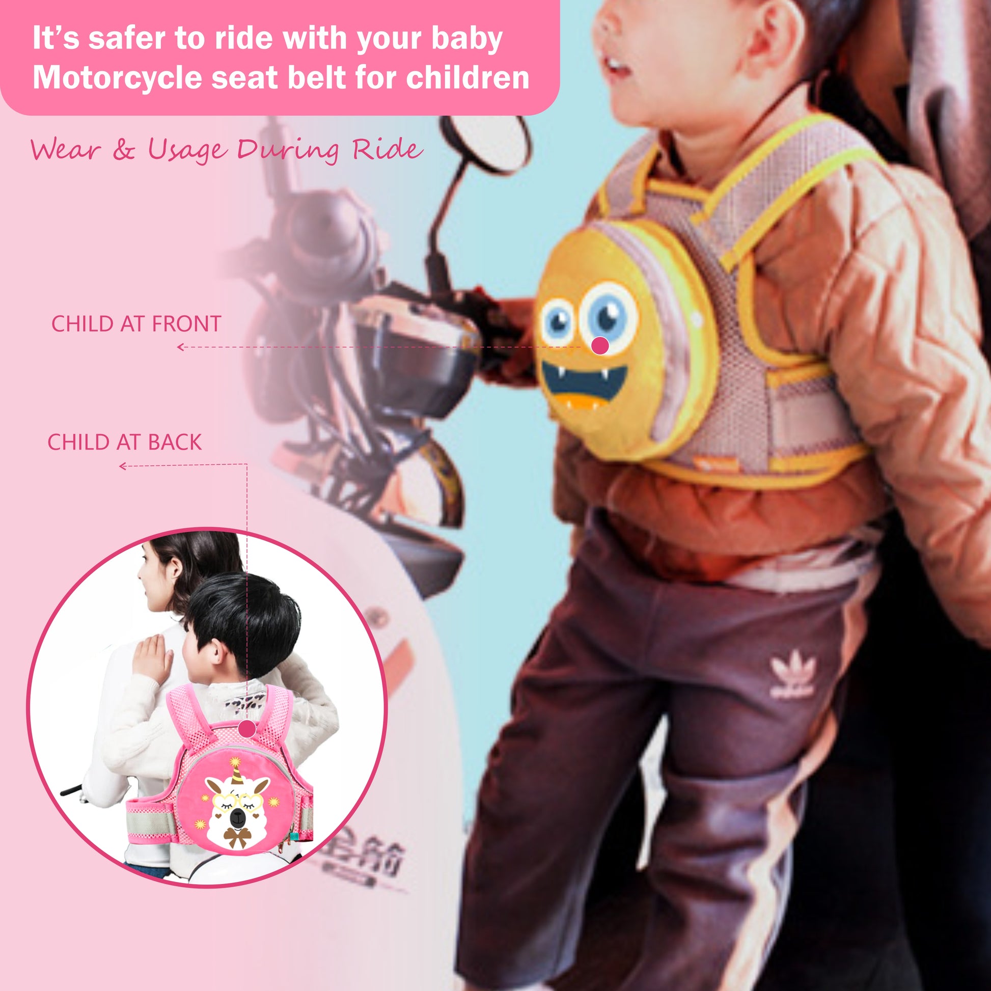 Motherly Children's Motorcycle Safety Harness Safe, Stylish Riding Companion with Two Wheeler Child Safety Belt - MOTHERLY