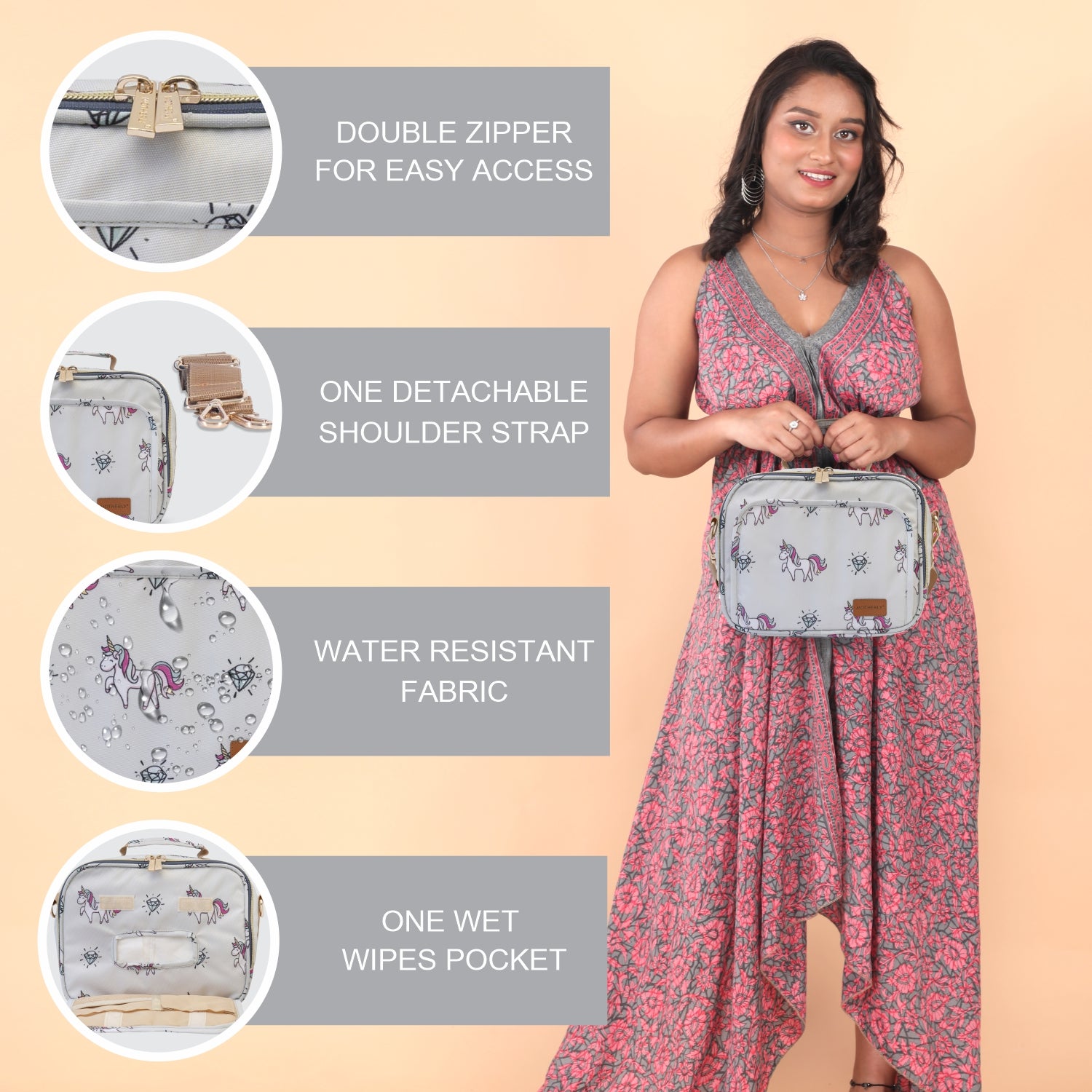 Motherly Mini Diaper Bag for Moms (Unicorn Blue) – Water-Resistant Travel & Maternity Handbag with Multiple Pockets