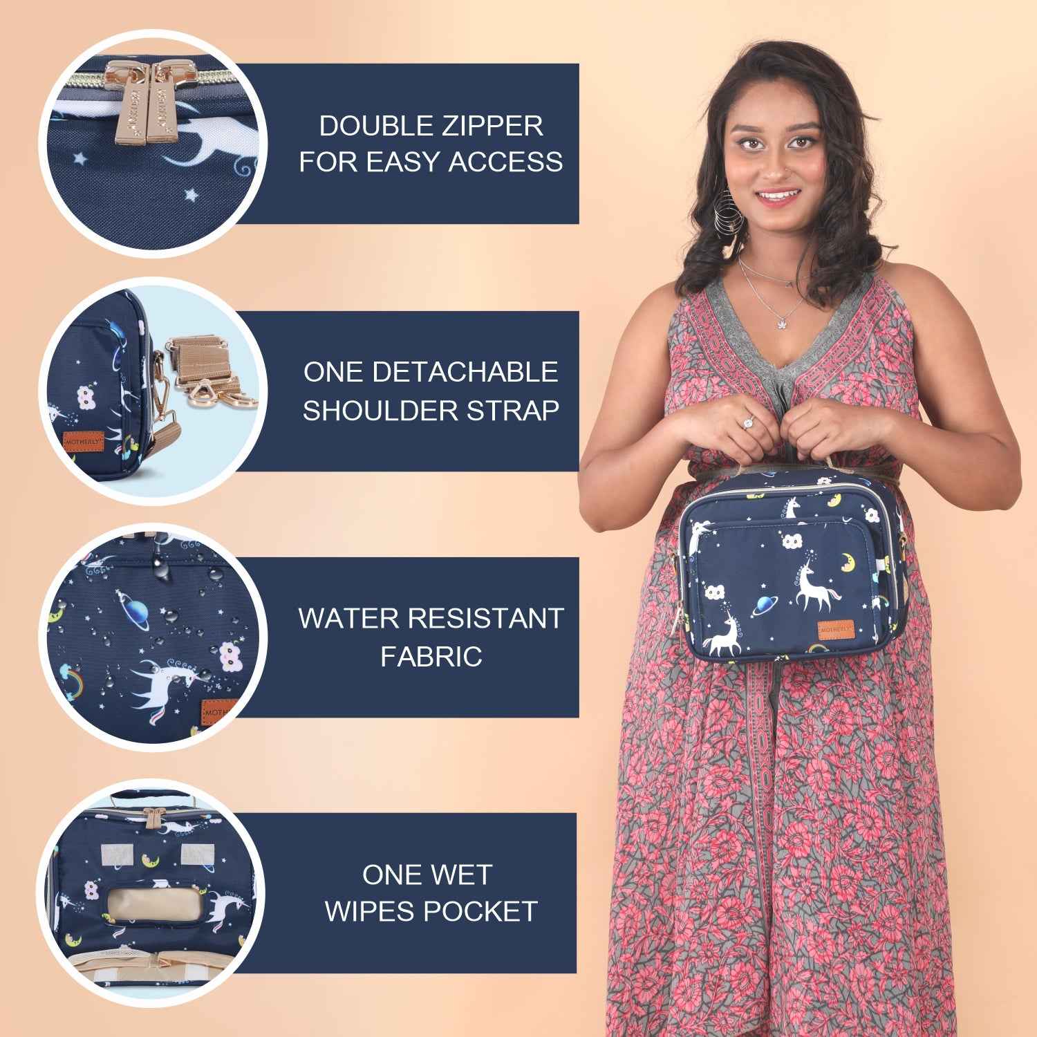 Motherly Mini Diaper Bag for Mothers for Travel | Small Maternity Handbag for Newborn Baby | Mothers Travelling Bag | Multiple Pockets Water Resistant Baby Bag I Hospital Bag for Moms (Unicorn Blue)