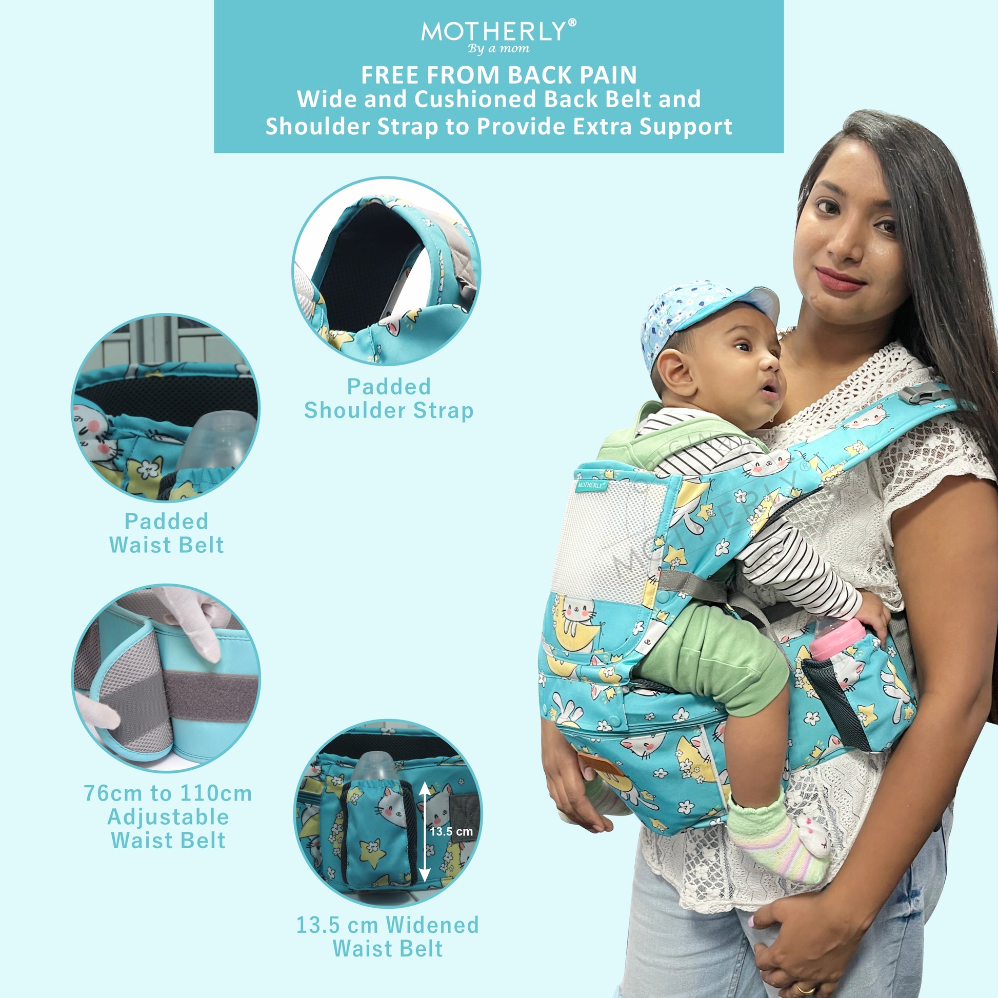 Motherly Baby Carrier for 0 to 3 Year Baby – Adjustable Hands Free 6-in-1 Baby Carrier with Detachable Hip Seat | baby carrier for new born |  Toddler Carrier with Head Support & Buckle Strap for Hiking & Everyday Use - MOTHERLY