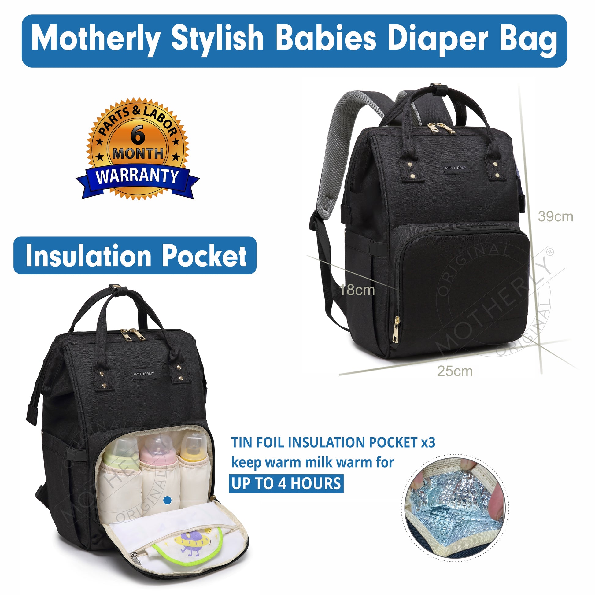 Motherly League Solid Color Diaper Bag for Mothers for Travel, Maternity Bag for Newborn Baby, Mother Travelling Bag, Multiple Pocket Water Resistant Hospital Bag for moms with Warranty - MOTHERLY