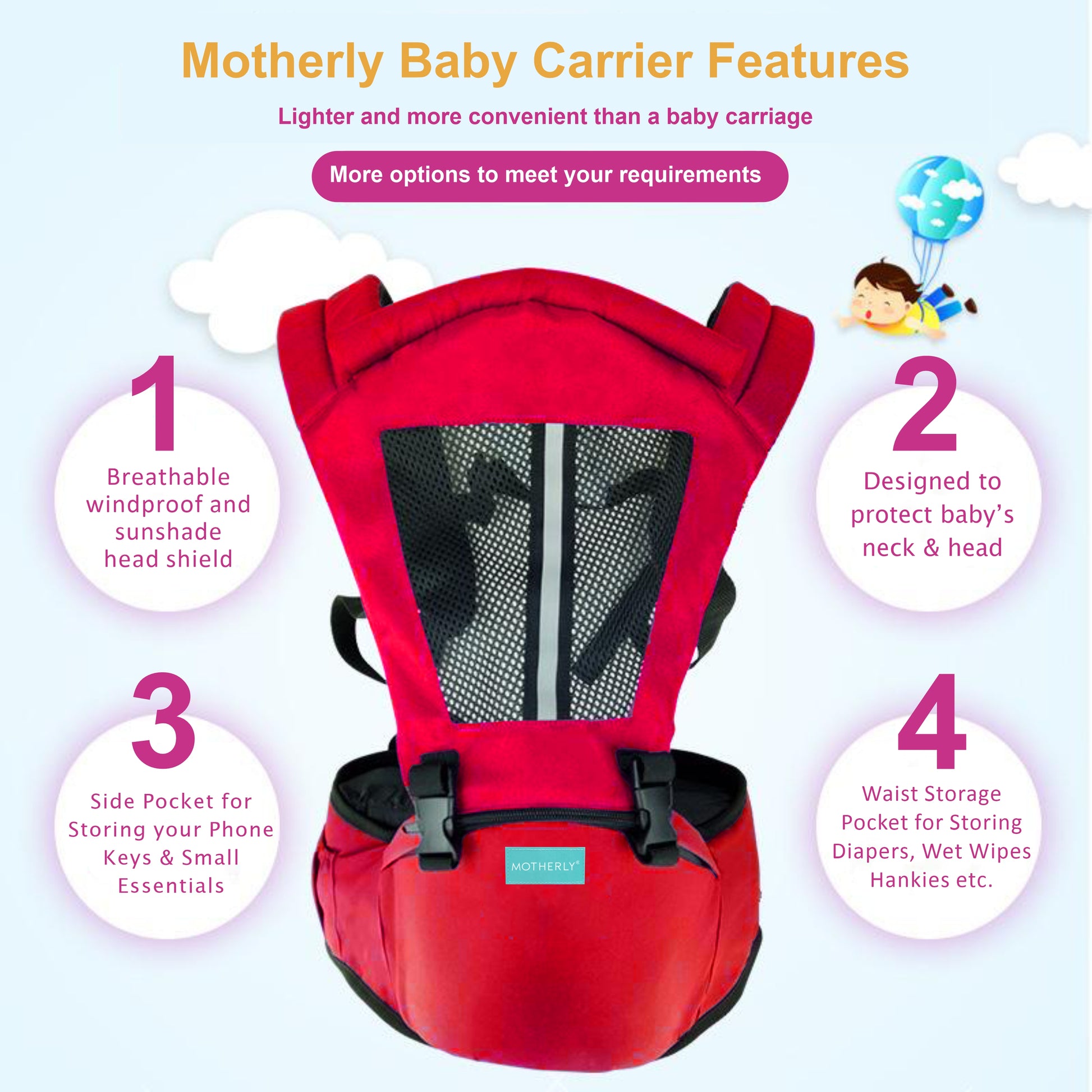 Motherly 2-in-1 Baby Carrier Bag for 6 to 36 Months - Kangaroo Style with Hip Seat for Comfort Carrying - MOTHERLY